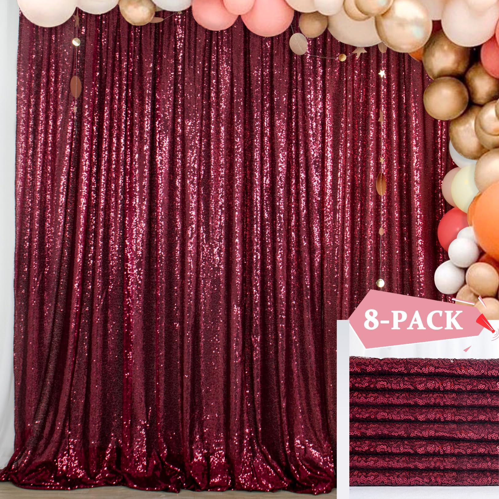 ShinyBeauty Burgundy Backdrop 2FTx8FT Sequin Backdrop 8 Panels Photo Backdrop Wine Backdrop Curtains Shimmer Backdrops Background Sparkly Backdrop 16Ftx8FT Studio Backdrop
