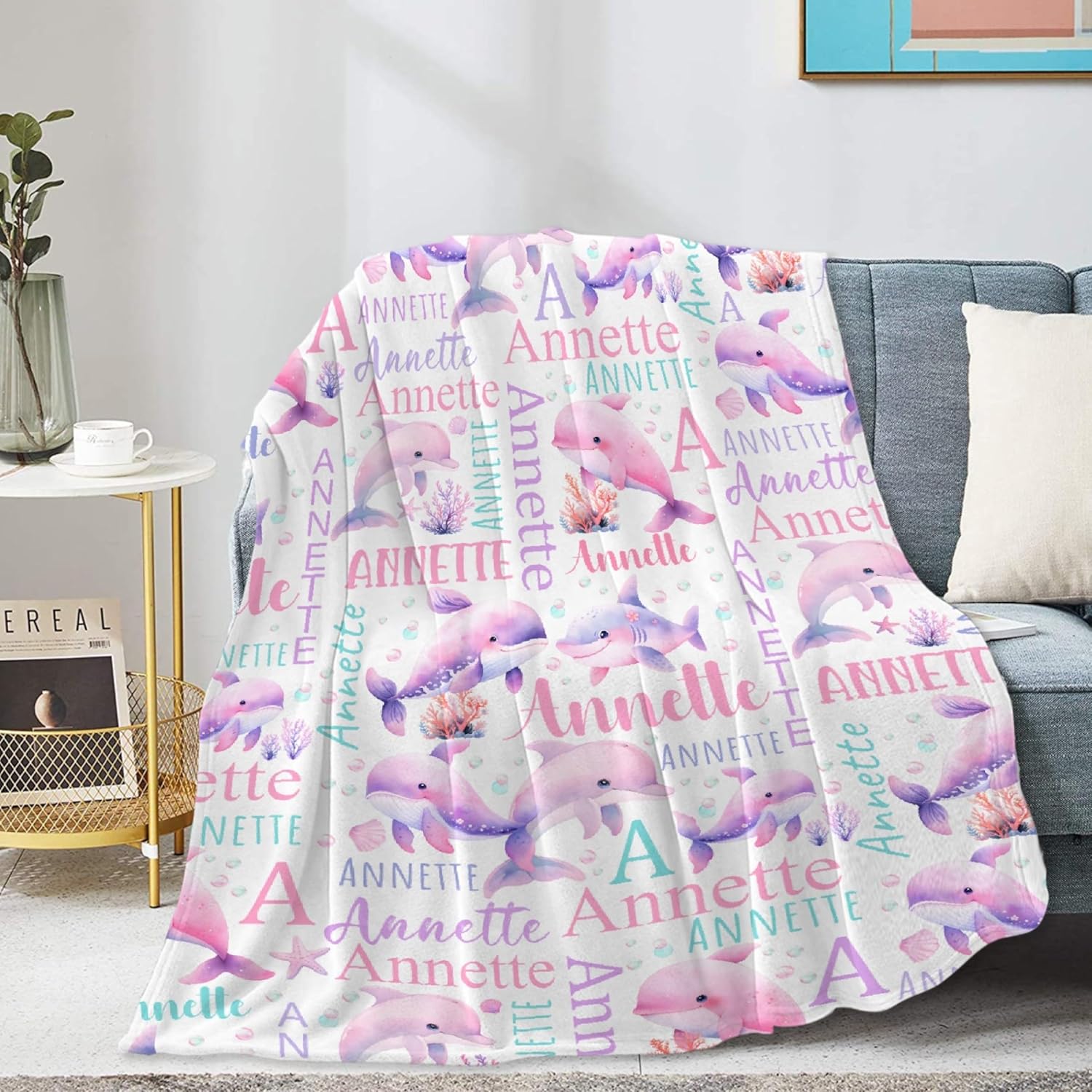 Personalized Dolphin Blanket Gifts Custom Name Blanket Flannel Lightweight Soft Cozy Blankets Throws Sea Theme Baby Blankets Girls Boys Kids Adult Couch Sofa Bedding 50"x60" for Teen