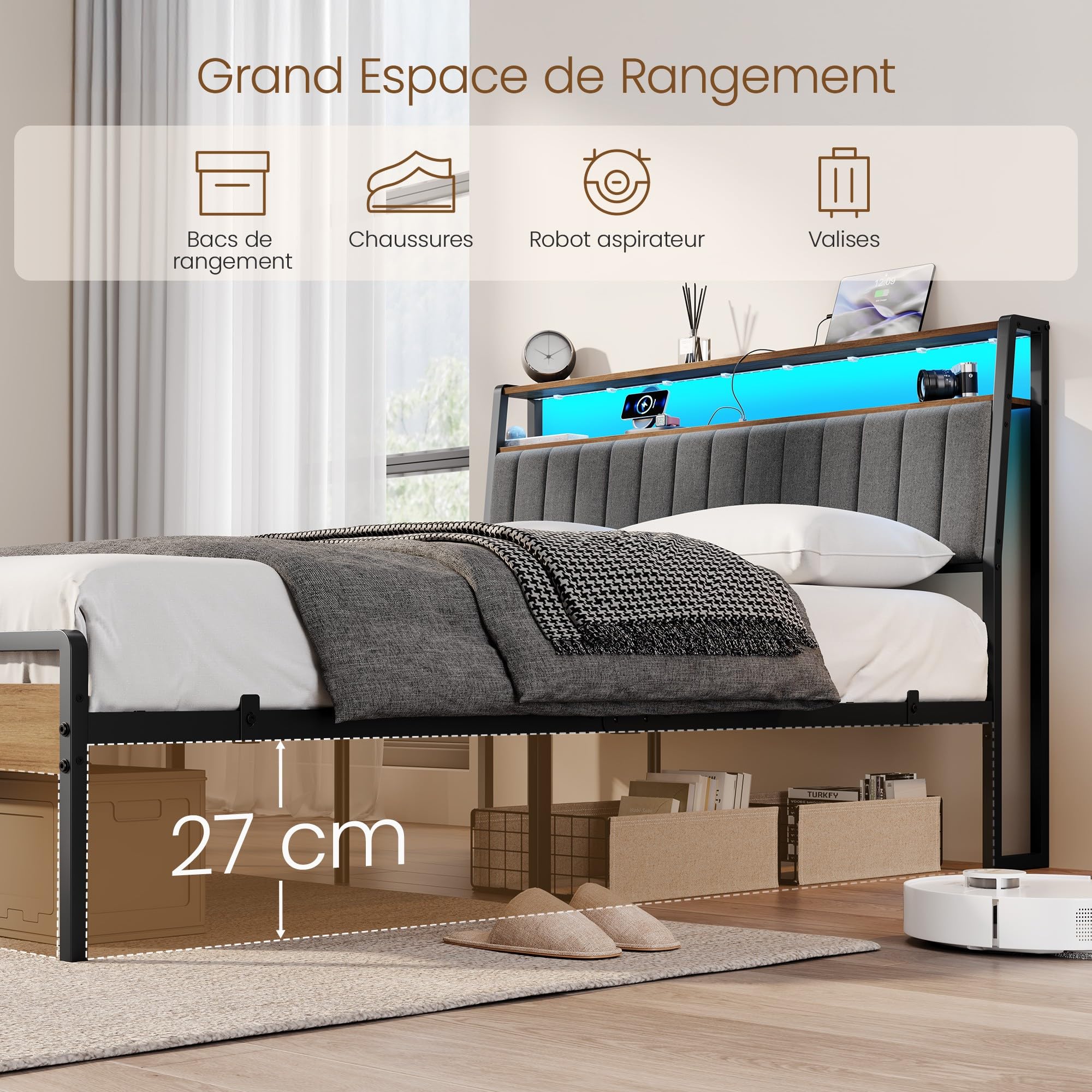 Yaheetech Cadre de Lit 140x200cm avec LED et Station de Charge Marron/Gris