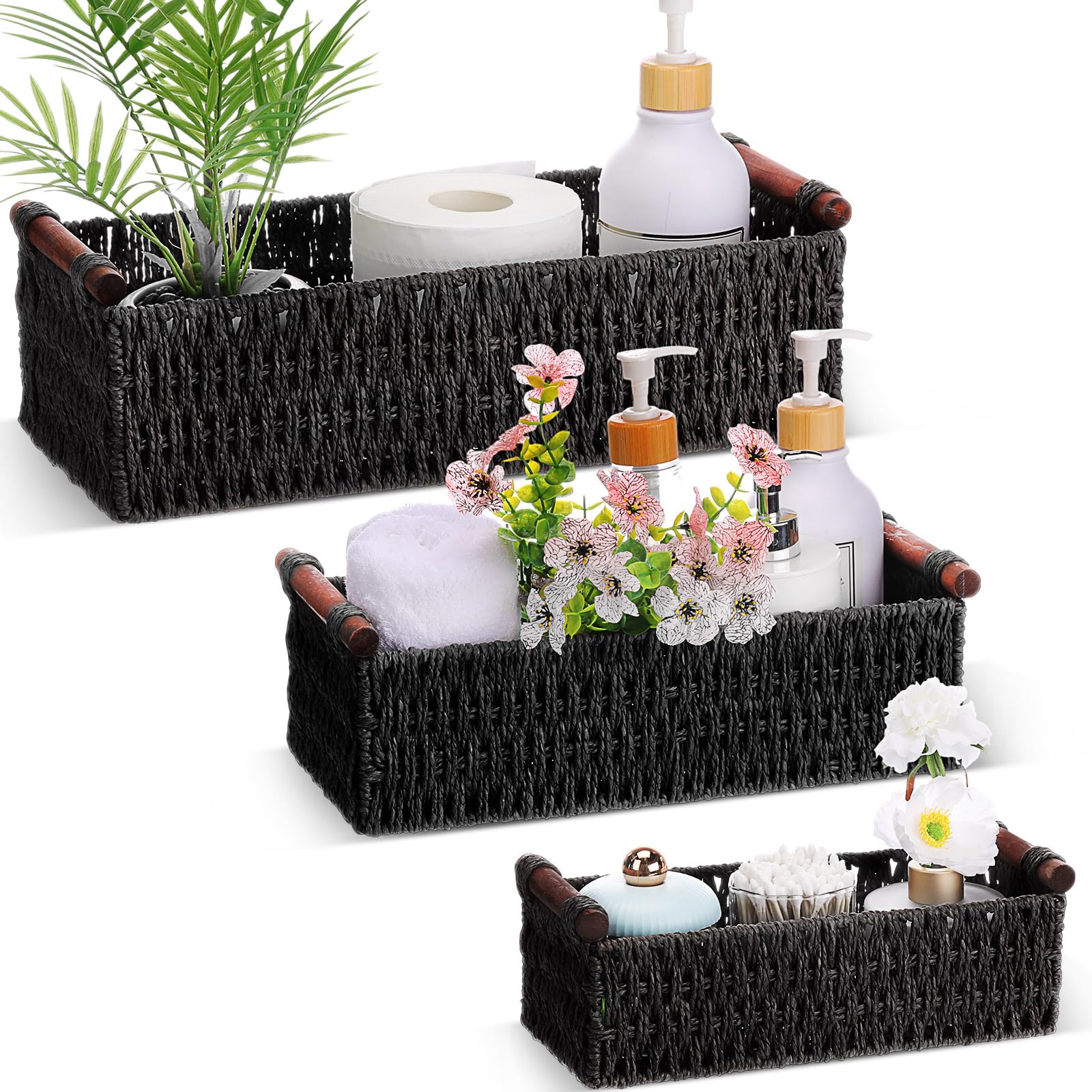 Boao 3 Pcs Boho Storage Wicker Baskets Handmade Woven Decorative Paper Rope Baskets for Organizing with Handle Countertop Toilet Paper Storage Container for Toilet Tank Top(Black,Rectangle)