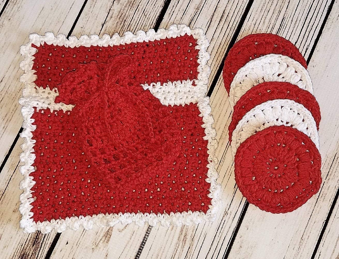 Red and White Invigorating yet gentle face and body poufs. Set includes washcloth, soap saver, and reusable facial scrubbies.