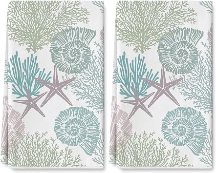 AnyDesign Ocean Theme Kitchen Dish Towel 18 x 28 Inch Beach Starfish Coral Shell Dishcloth تحت البحر مزخرف تجفيف يدوي للشاي لمسح الصيف للطبخ ، 2 قطع