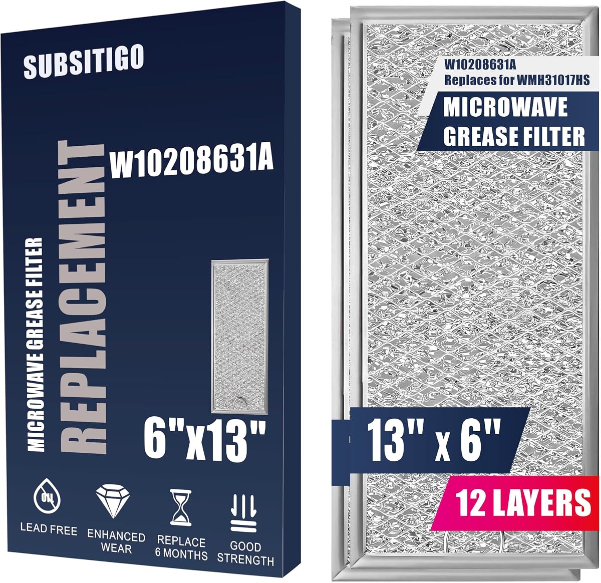 Microwave Filter Replacement 13"x6" Fits for Whirlpool Kitchenaid Maytag | 2-Pack W10208631A Microwave Vent Filter Replacement for Under Microwave Grease Filter Over the Stove Oven Vent Fan