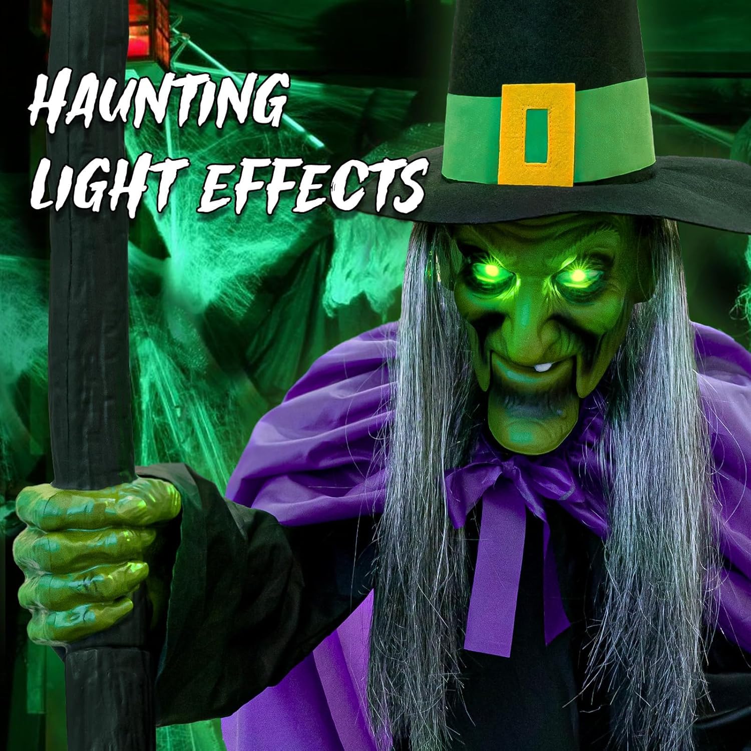 Close-up of the witch's face with haunting light effects