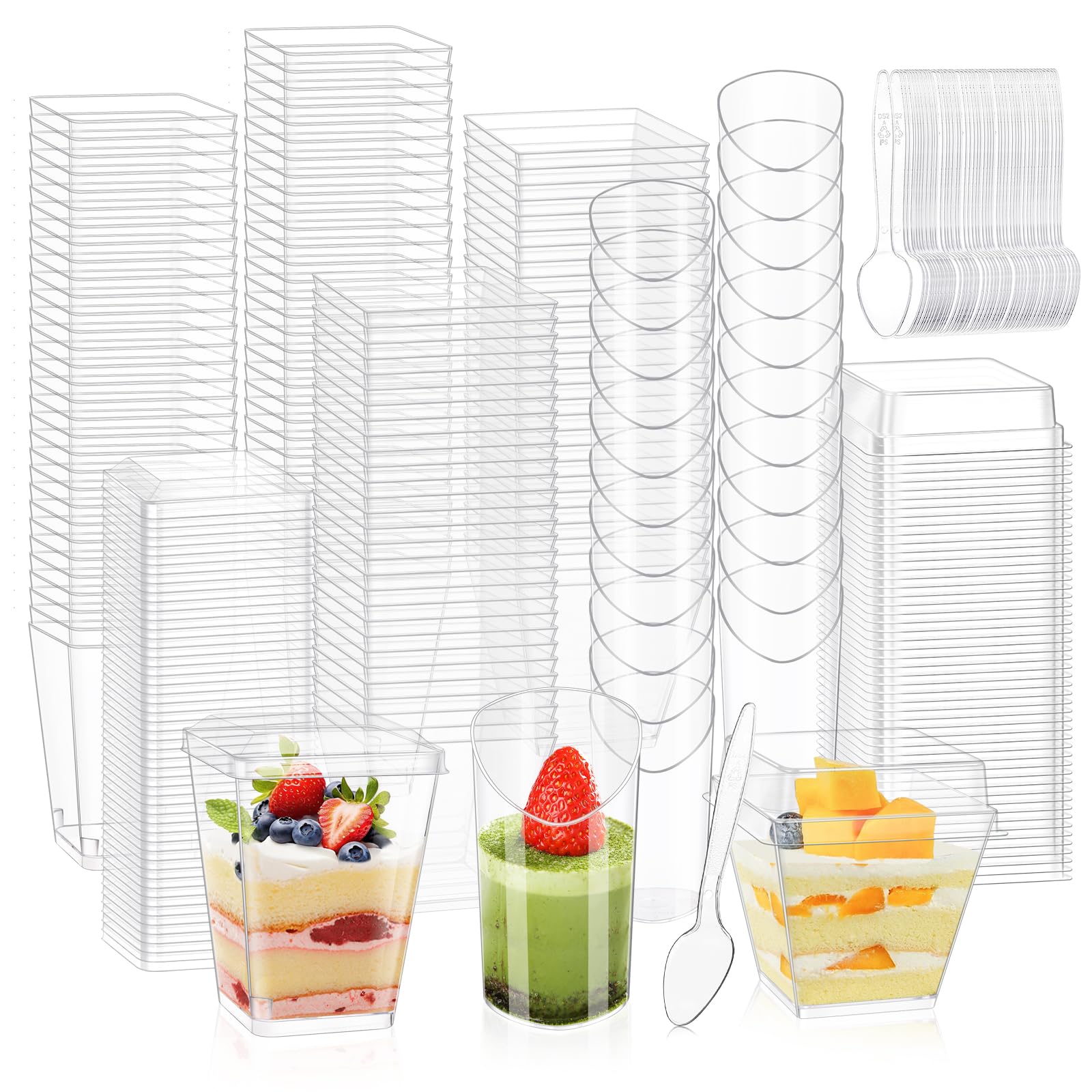 300 Packs 5oz Dessert Cups with Lids and Spoons, Clear Parfait Cups for Parties, Mini Plastic Dessert Cups Appetizer Cups, Square Dessert Shooter Cups for Fruit Chocolate Pudding and Ice Cream
