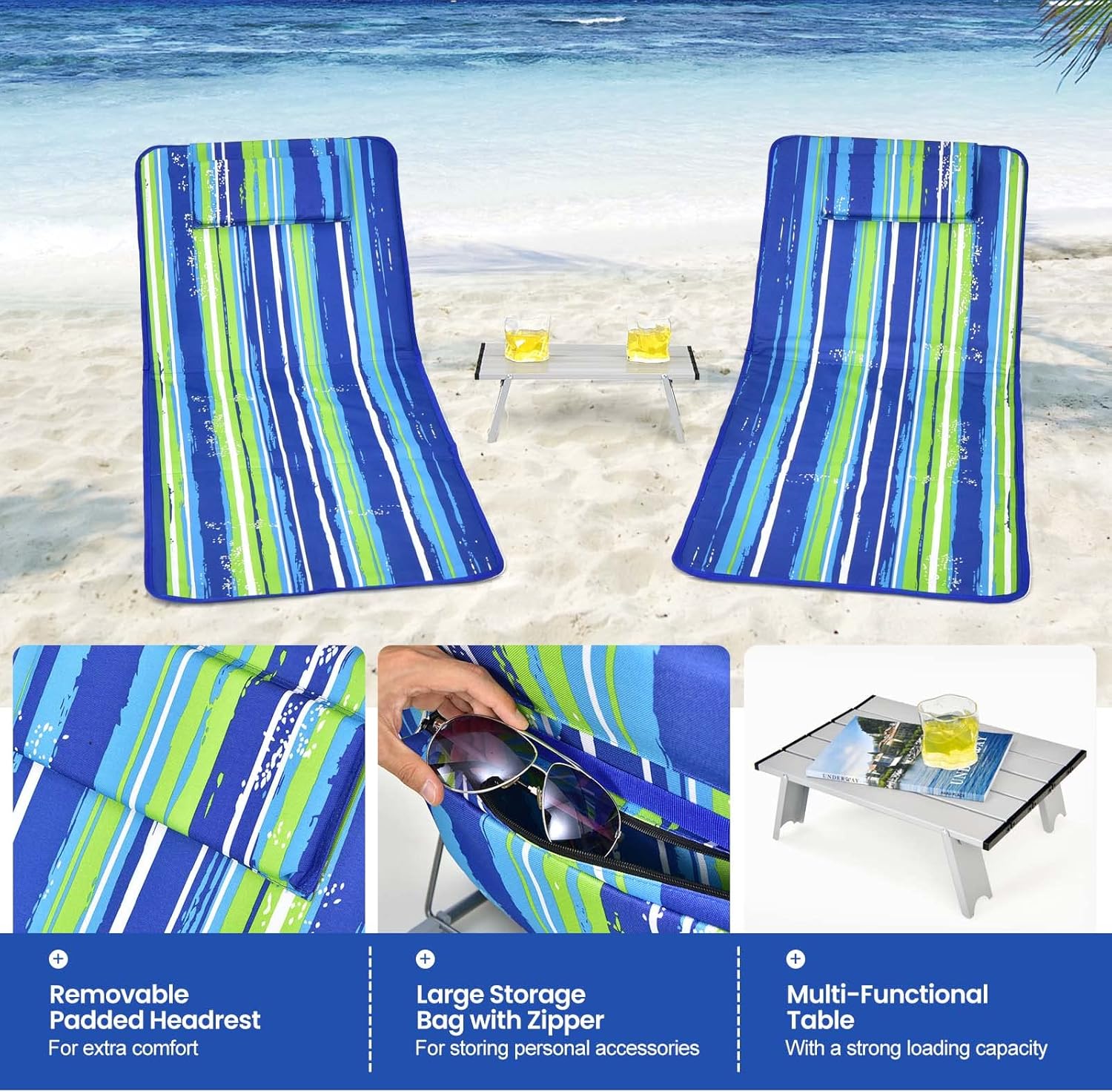Nightcore 3-Piece Beach Chairs Set for Adults, Adjustable Lawn Chair with Side Table for Outdoor Relaxing & Sun Tanning, Portable & Folding Recline Chaise Lounge for Beach, Patio, Camping (Stripe)