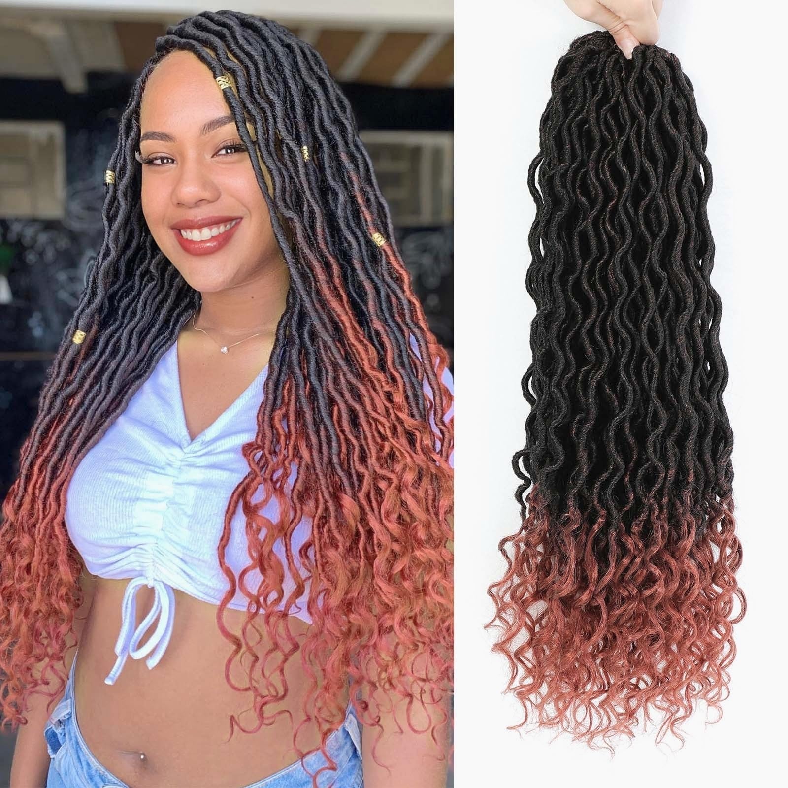 Ombre Ginger Faux Locs Crochet Hair 20 Inch Pre Looped Crochet Locs for Black Women Long Locs Hair Extension Soft Loc with Curly Ends(20 Inch,6 Packs,