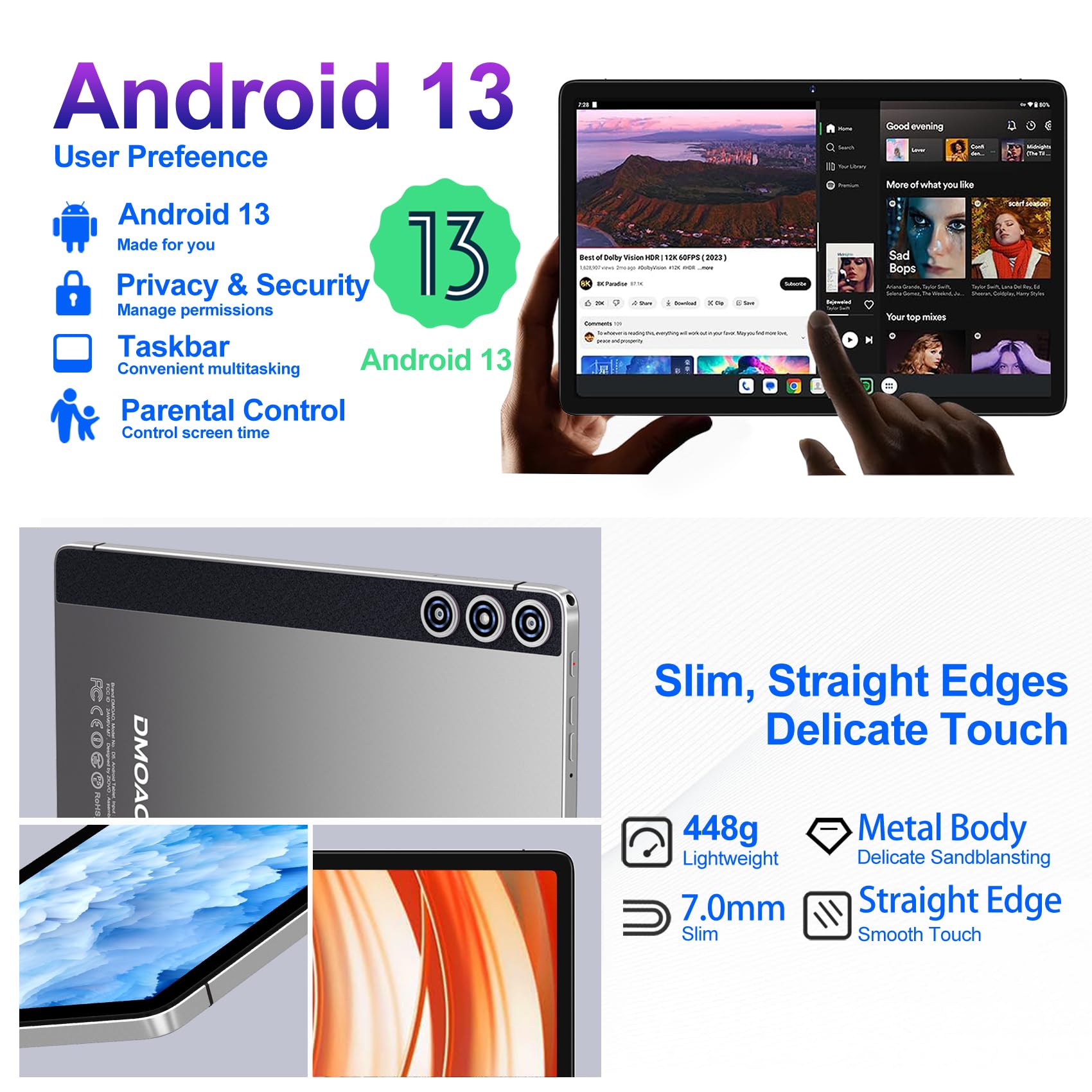 Tablet 10 Pollici Android 13 con 14 GB RAM + 128 GB ROM(1TB Espandibile), Octa-Core, 5G Wi-Fi, GPS, 8000mAh, 8MP+5MP, Bluetooth 5.0, USB-C, OTG, Tablet con Tastiera e Mouse + Custodia, Argento