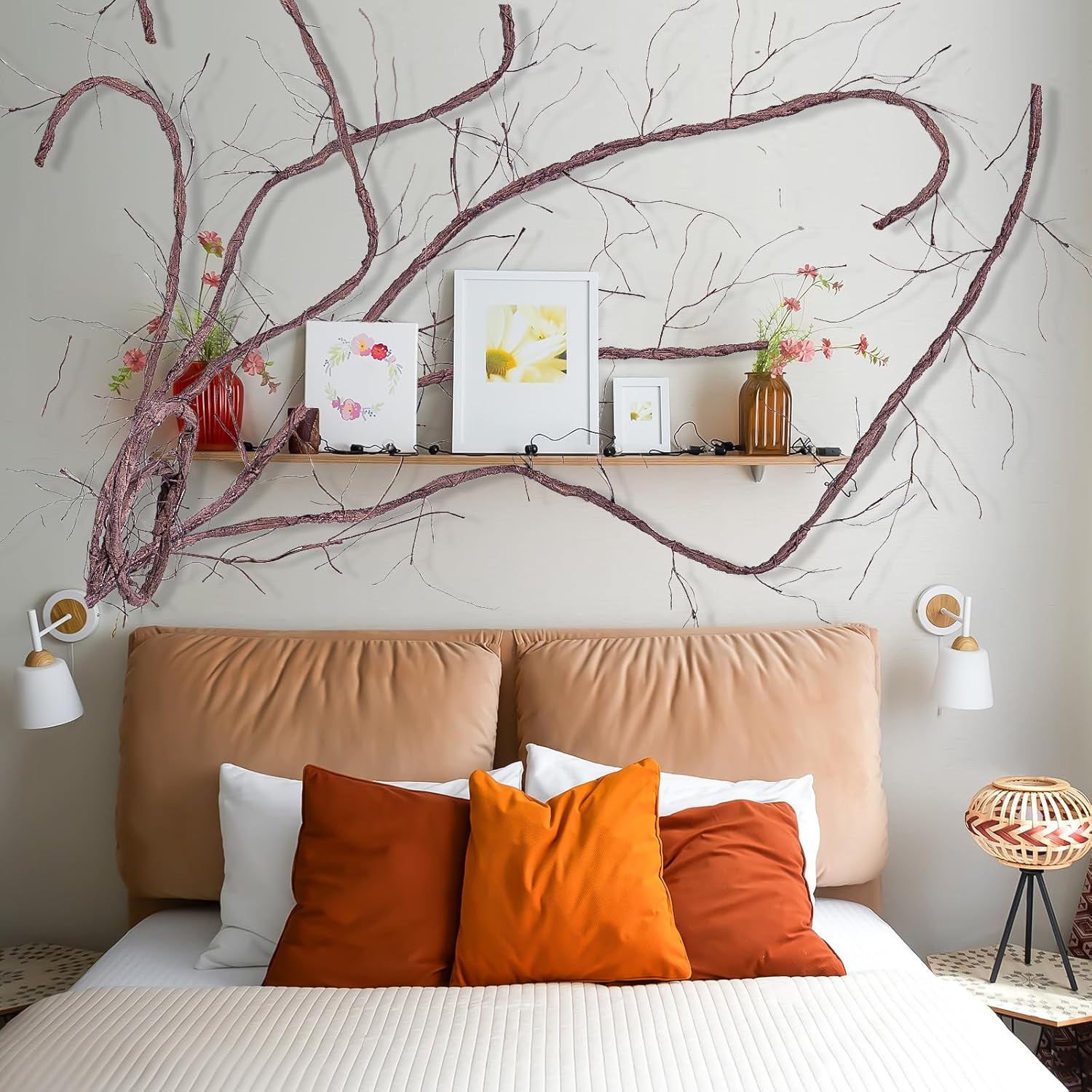 118 inch Bendable Artificial Brown Tree Twigs Branches, Large Size Wall Hanging Artificial Tree Branches, Fake Twig Grape Vines for Artificial Plant, Home Living and Outdoor Garde