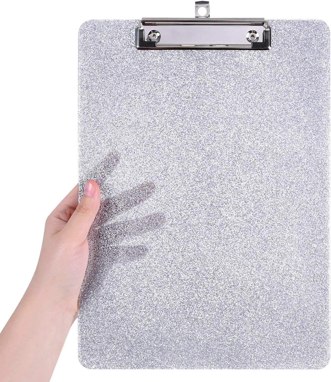 Hnogri Plastic Cute Clipboards, Fashion Gold Glitter Clipboard for Students, Teacher, Woman and Kids, Low Profile Clip, Decorative Bling Clipboards, Standard A4 Letter Size 9" x 12.5", Silver