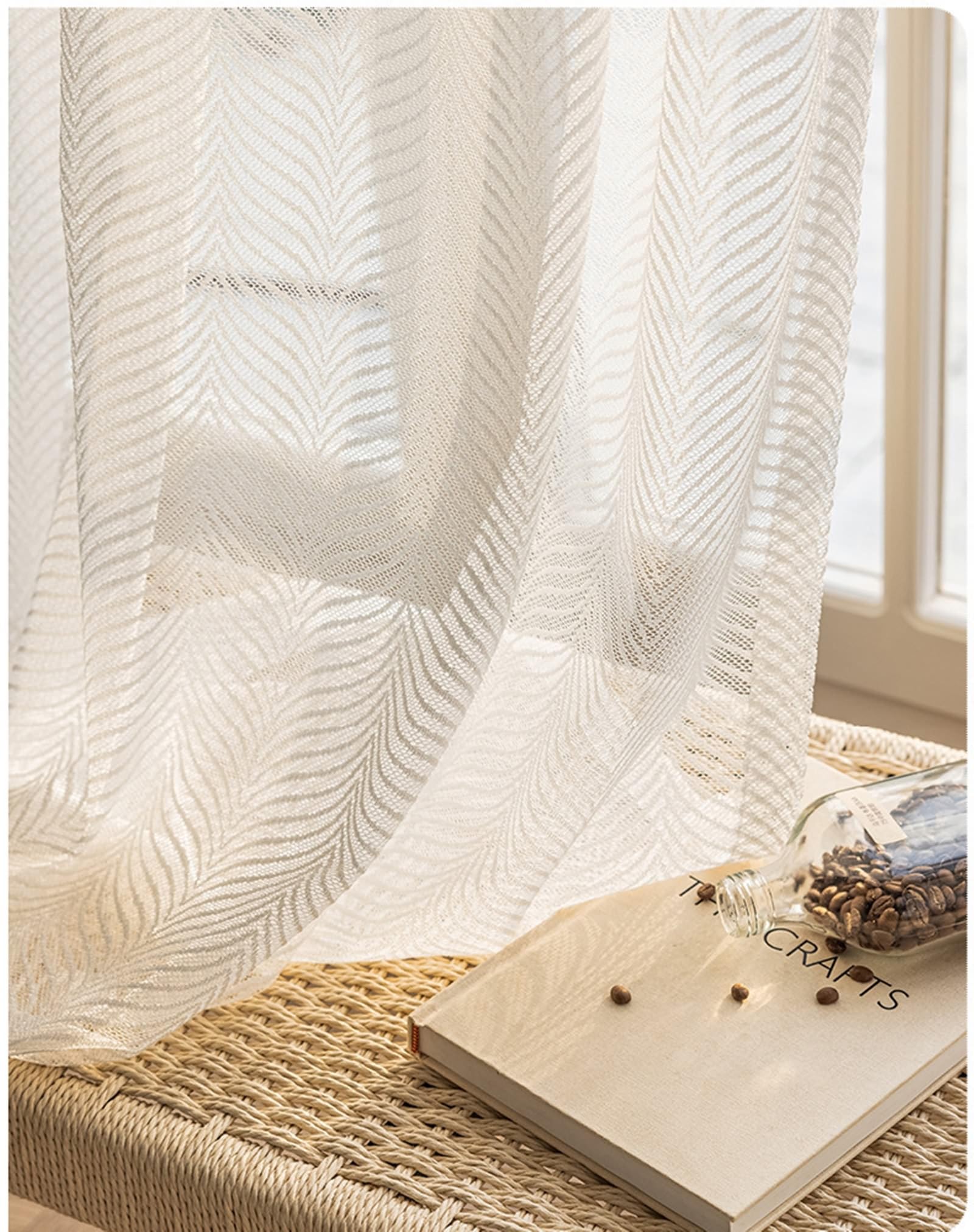 Vorhänge Transparent mit Ösen, Vorhang für Fenster Innen 2er Set Polyester Voile Weiß mit Fischgrätstruktur, 102x183cm