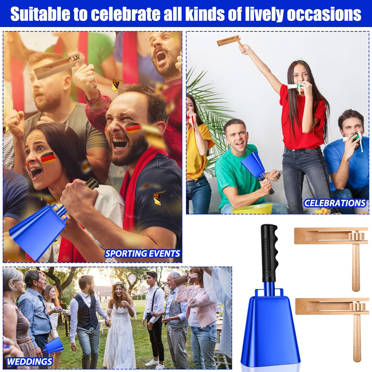 Nuanchu 10 Inch Cowbell Noise Makers for Sport Event Steel Cowbell with Handle and 2 Pcs Wooden Spinning Rattle Ratchet Matraca Cheer Bell Alarm for Football Game Musical Percussion Instruments(Blue)