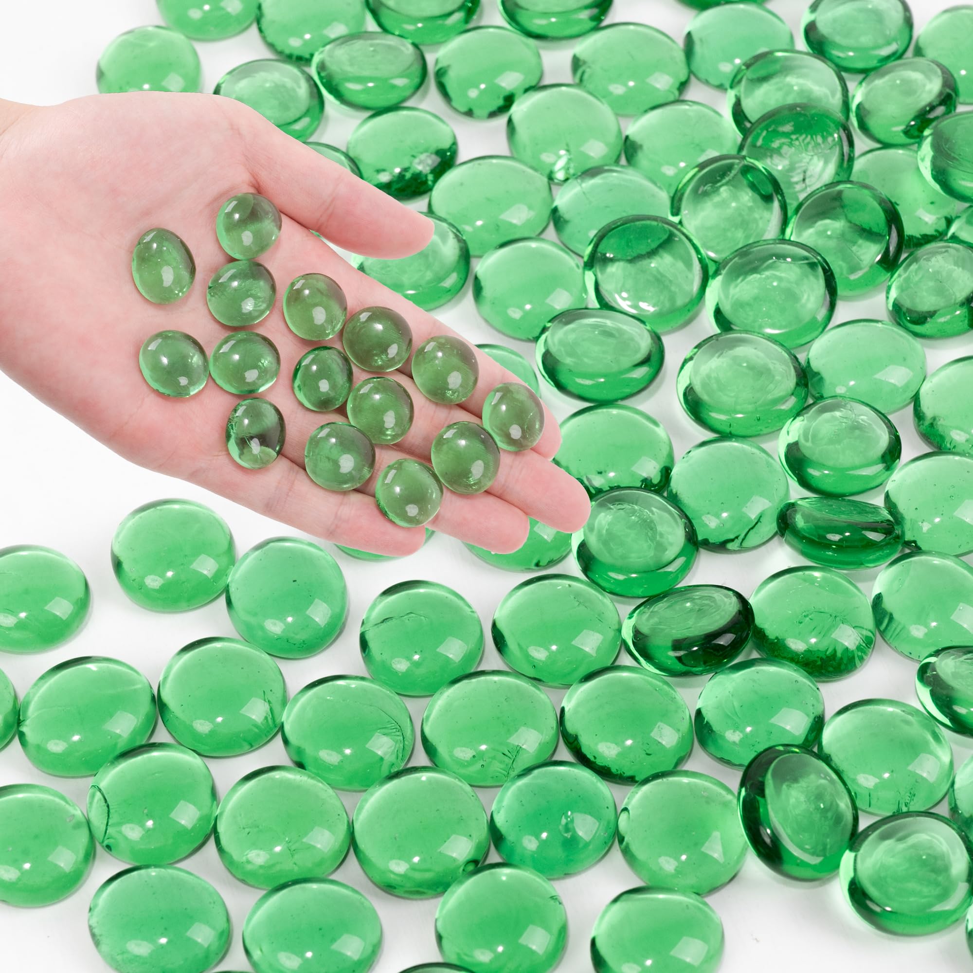 Green Flat Glass Marbles, 440g Transparent Vase Filler Pebbles Gems, Decorative Glass Beads for Vases, Table Scatter, Crafts, Floral, Mancala Stones, Centerpieces, Aquarium Rocks for Fish Tank