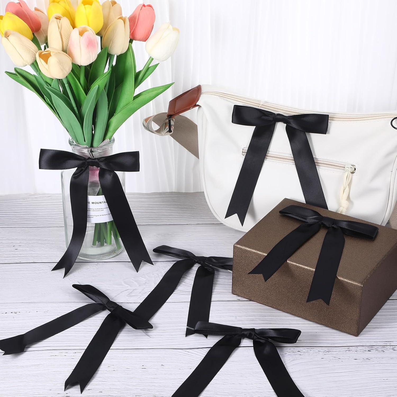 50Pcs Twist Tie Satin Ribbon Bows, Pre-Tied Black Bows for Crafts,Large Bowknot Decoration,Bows for Gifts Wrapping Birthday, Party, Wedding, Christmas,5"X7" - Image 5