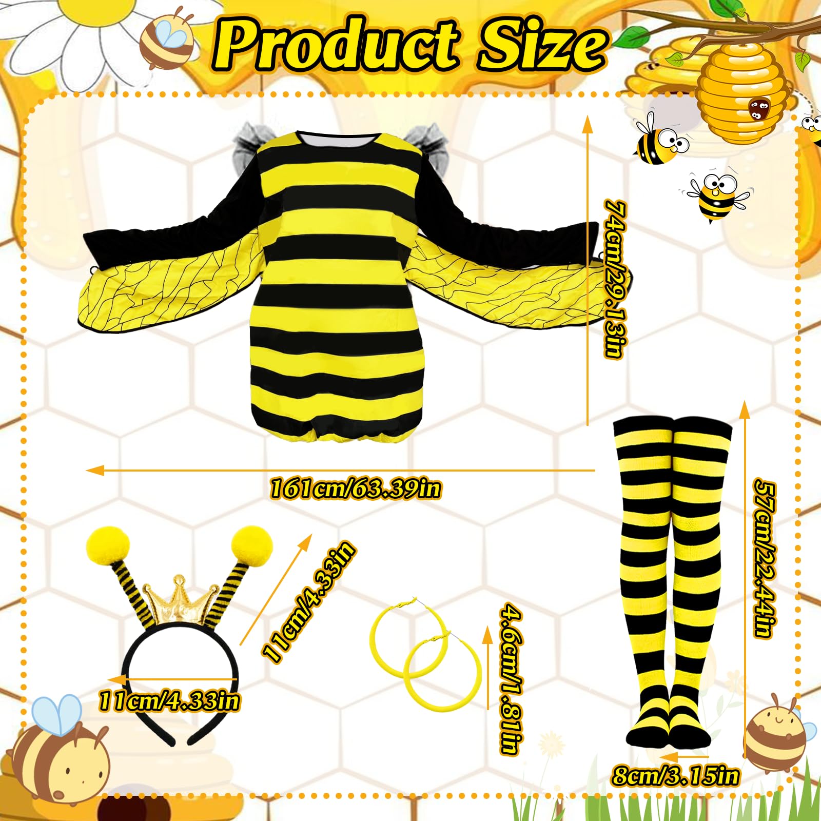 Bee Costume Women Bumblebee Fancy Dress Halloween Costume with bee Dress with Bee Wings Headband Knee-high Socks Earrings Fancy Dress Women for Role Playing World Book Day Halloween Christmas Carnival - Image 2