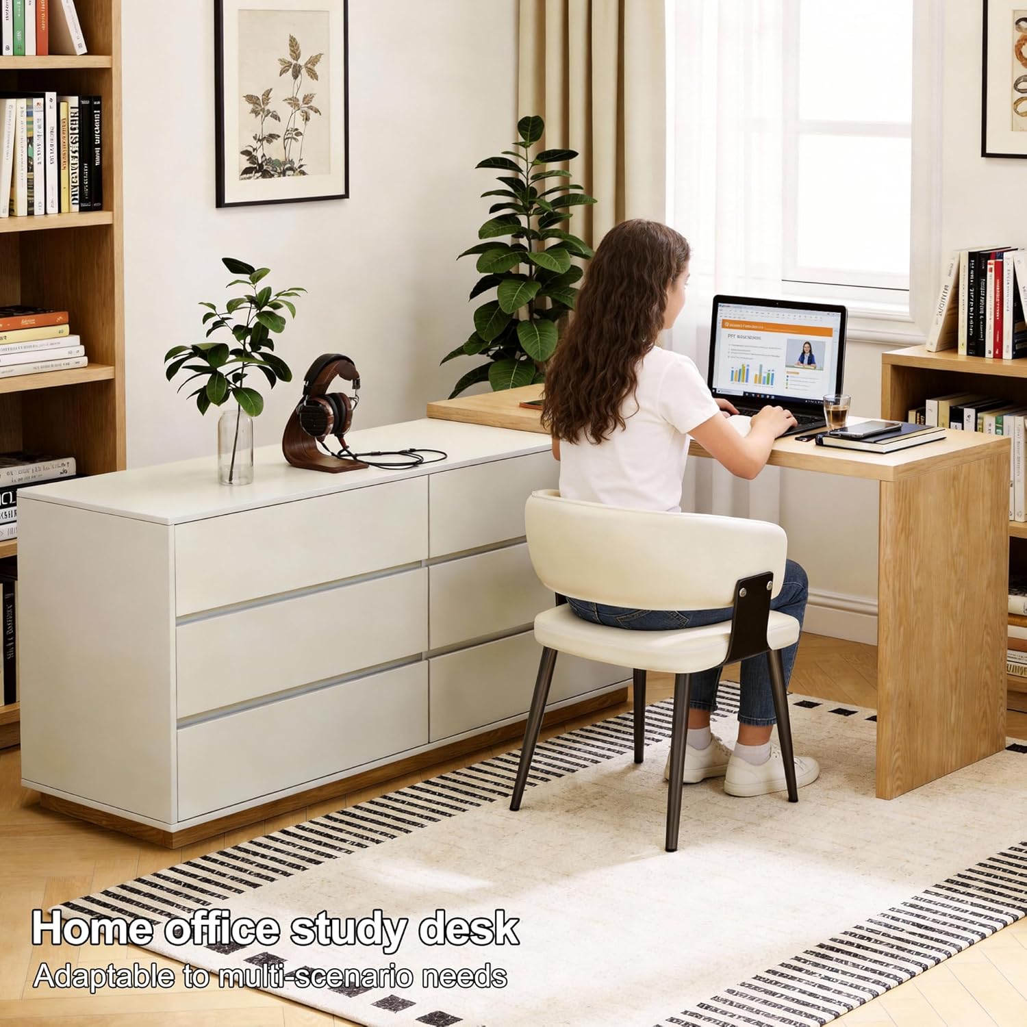 Modern Expandable Vanity Desk, 56-98.5 Inches, Adjustable L Shape Makeup Table with 6 Drawers, Bedroom Dressing Table Organizer, Light Gray with Natural Wood Finish