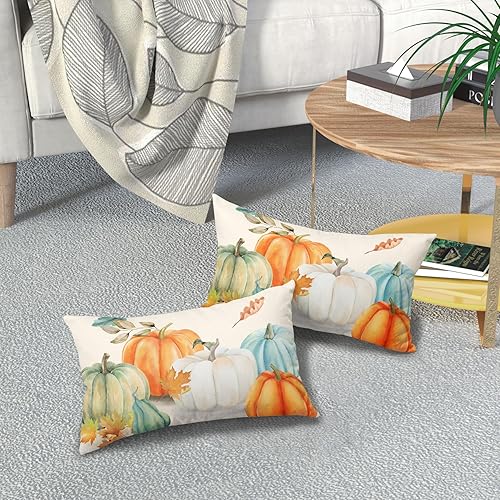 Miniatura 7 de Juego de 2 fundas de almohada lumbares de hojas de arce otoñales de 12 x 20 pulgadas, color verde azulado, naranja, blanco, verde, calabazas,