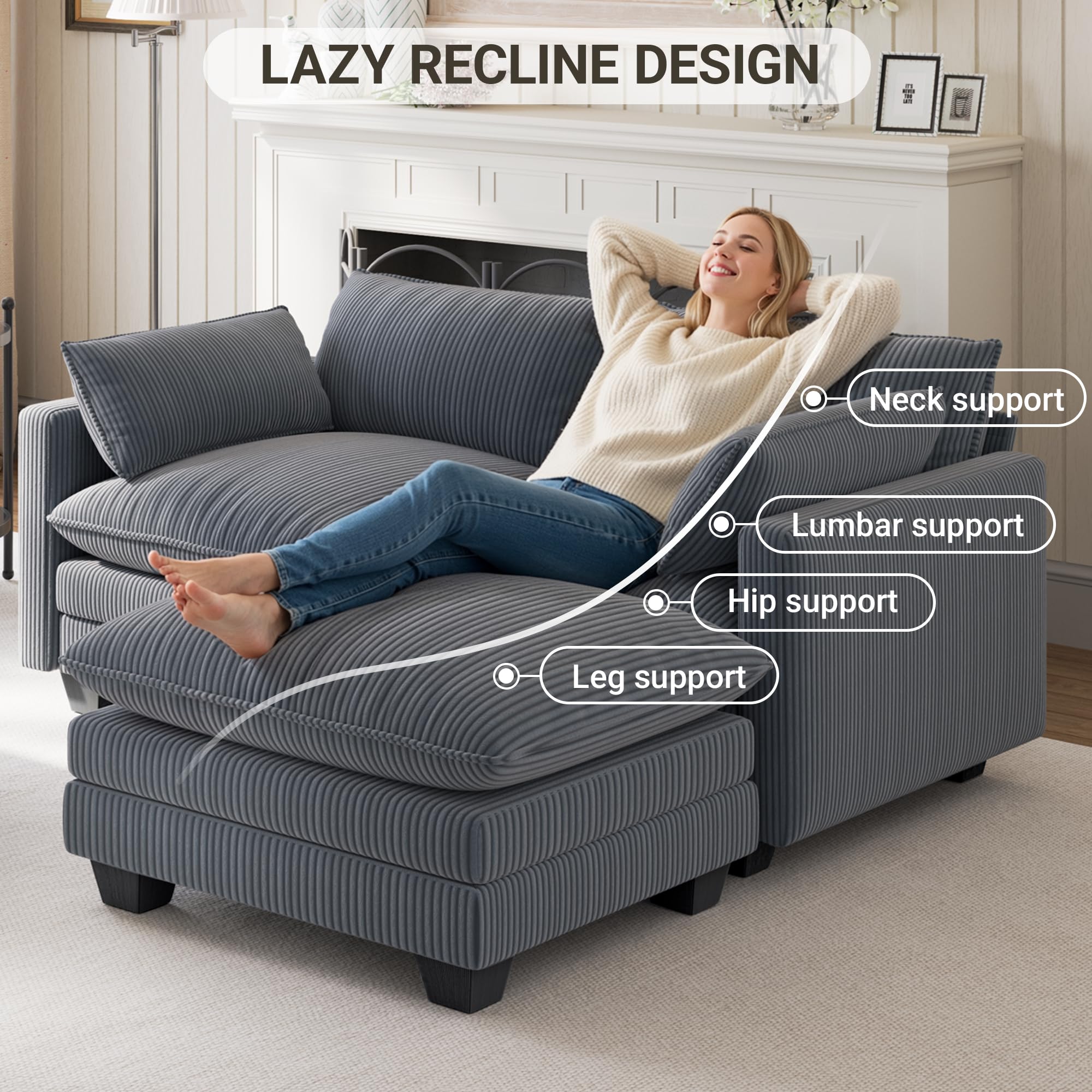 Xbro Divano Modulare a L 2 Posti con Pouf, Divano Cloud in Tessuto a Coste, Seduta Profonda e Morbida, Rivestimento Sfoderabile, Divano Compatto per Soggiorno e Camera, Grigio Scuro