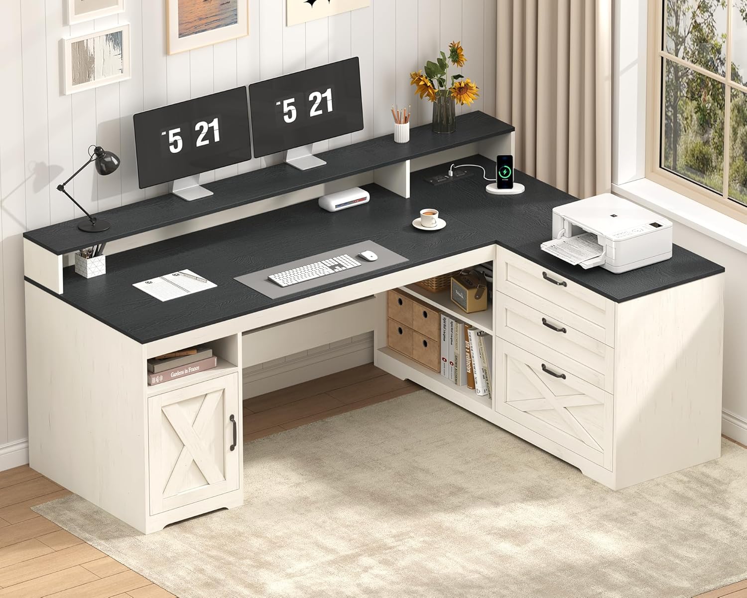 YOMILUVE Farmhouse L Shaped Desk with Drawers, 61" Home Office Desk with Storage Cabinet and Power Outlet, L Shaped Computer Desk with Storage Shelves and Monitor Stand, Black and White