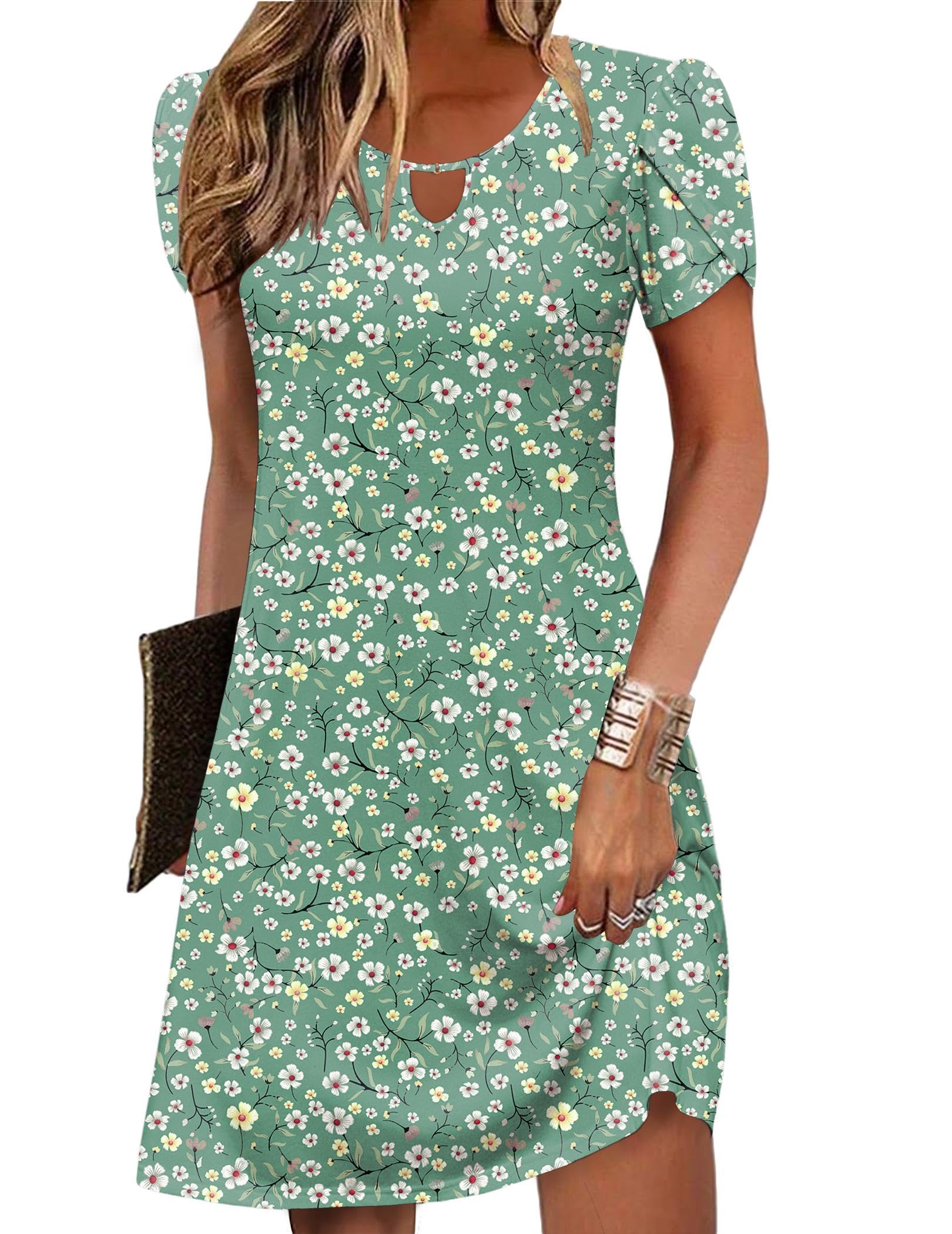 Zeagoo Women's Casual A-Line Dresses with Pockets Summer Floral Tshirt Dress Short Sleeve Mini Dress Flowy Sundresses
