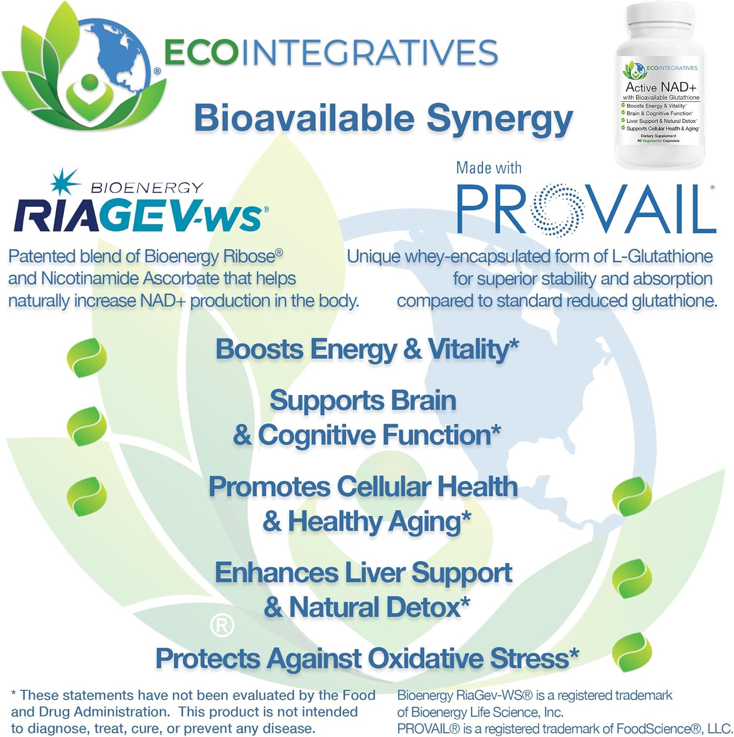 Active NAD+ with Bioavailable Glutathione – Energy, Brain & Cellular Support Supplement – RiaGev® NAD+ Booster + Provail® Glutathione – 60 Vegetarian Capsules