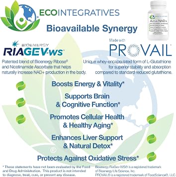 NAD+ نشط مع مكمل دعم الطاقة الحيوية للجلوتاثيون والدماغ والخلايا RiaGev NAD+ Booster + Provail Glutathione 60 كبسولة نباتية