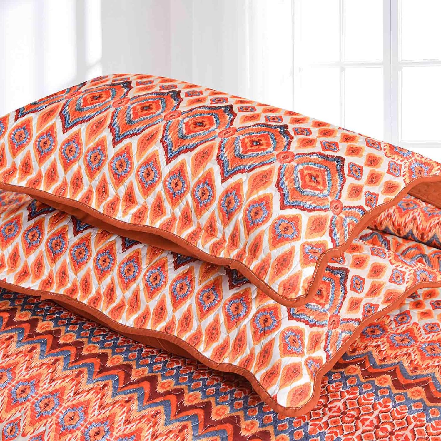 Fall Quilt Set Queen Size 90 x 96 In 3Pcs, Burnt Orange Boho Oversized Scallop Bohemian Bedspreads, Soft Lightweight Coverlet Bed Spreads Farmhouse Thin Quilted Comforter Vintage Bedding Set Women Men