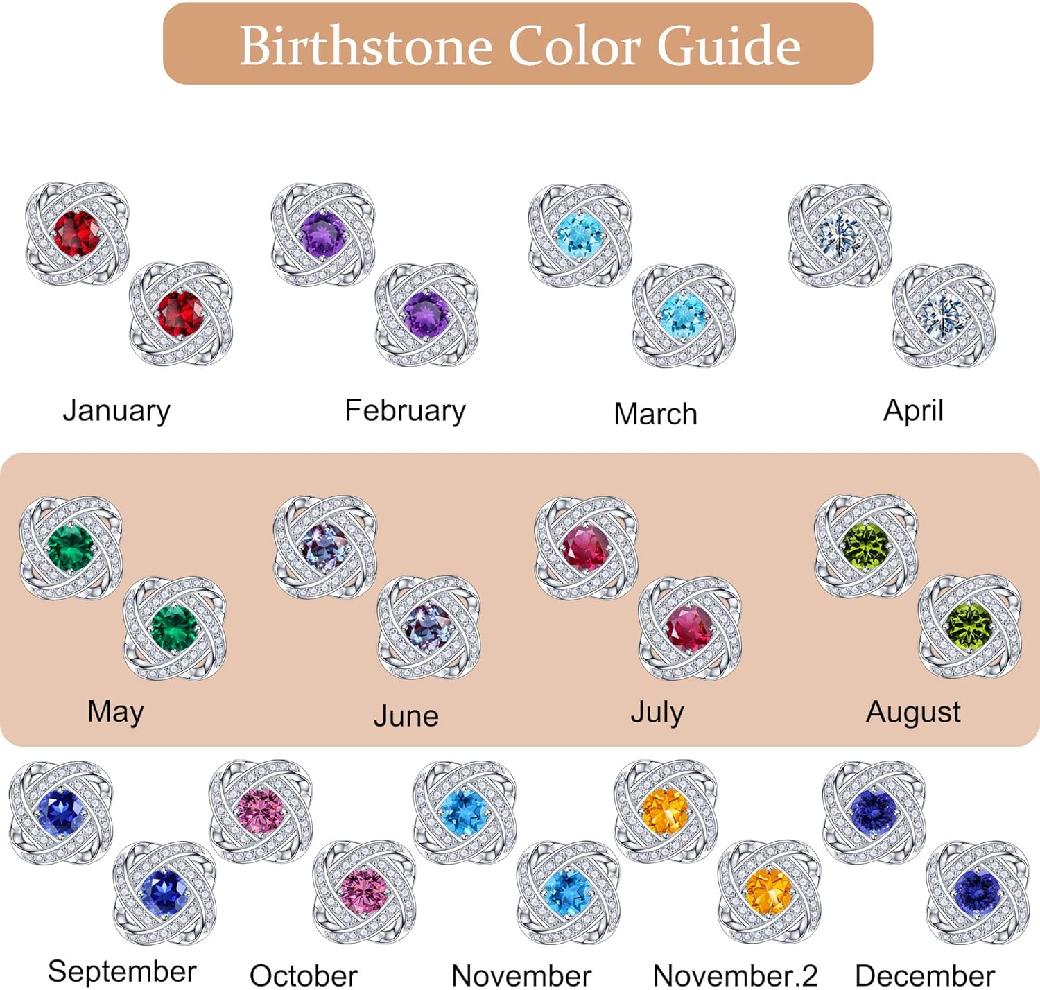 SMILEST Knot Birthstone Stud Earrings for Women Mom, Sparkle Round Cut Birthstone Earrings 925 Sterling Silver Jewelry for Women Birthday Gifts for Mom Wife - Image 7