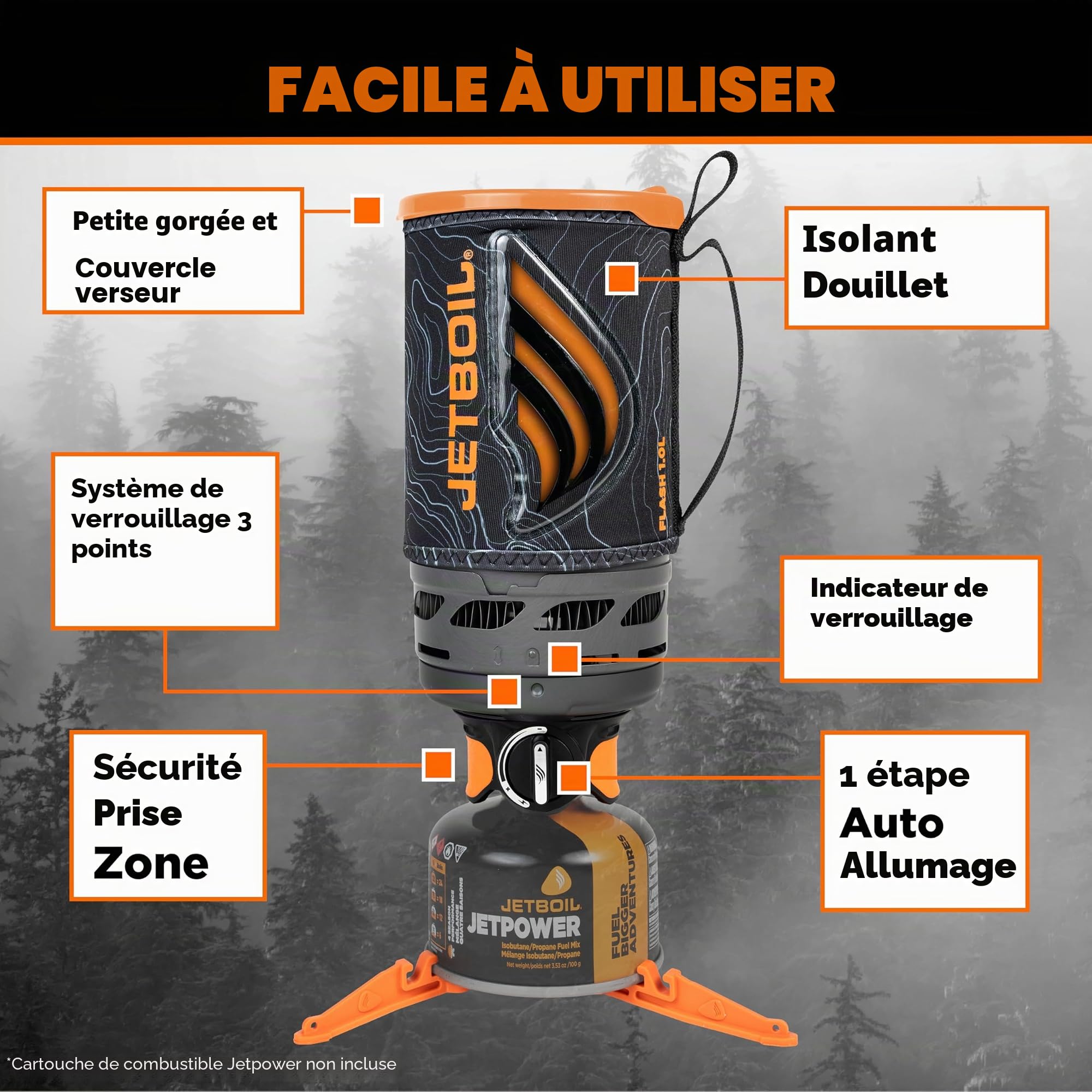 Jetboil Flash Réchaud portable à ébullition rapide avec presse française en silicone et allumage automatique pour camping et randonnée, brûleur au propane/isobutane avec tasse de cuisson, nouveau pour