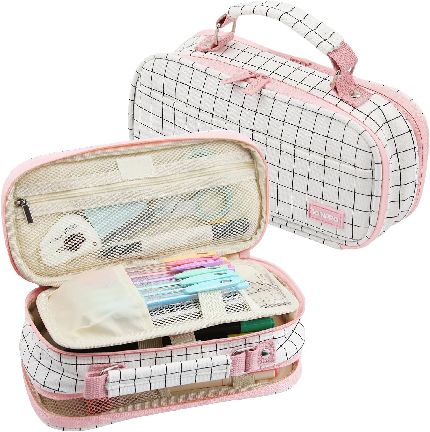 JOINPRO Pencil Case, Large Capacity Pencil Case Organizer; Double Zipper Storage Bag; Big Pencil Pouch for College School Office Teen Girl Boy Men Women Adult (Plaid White)