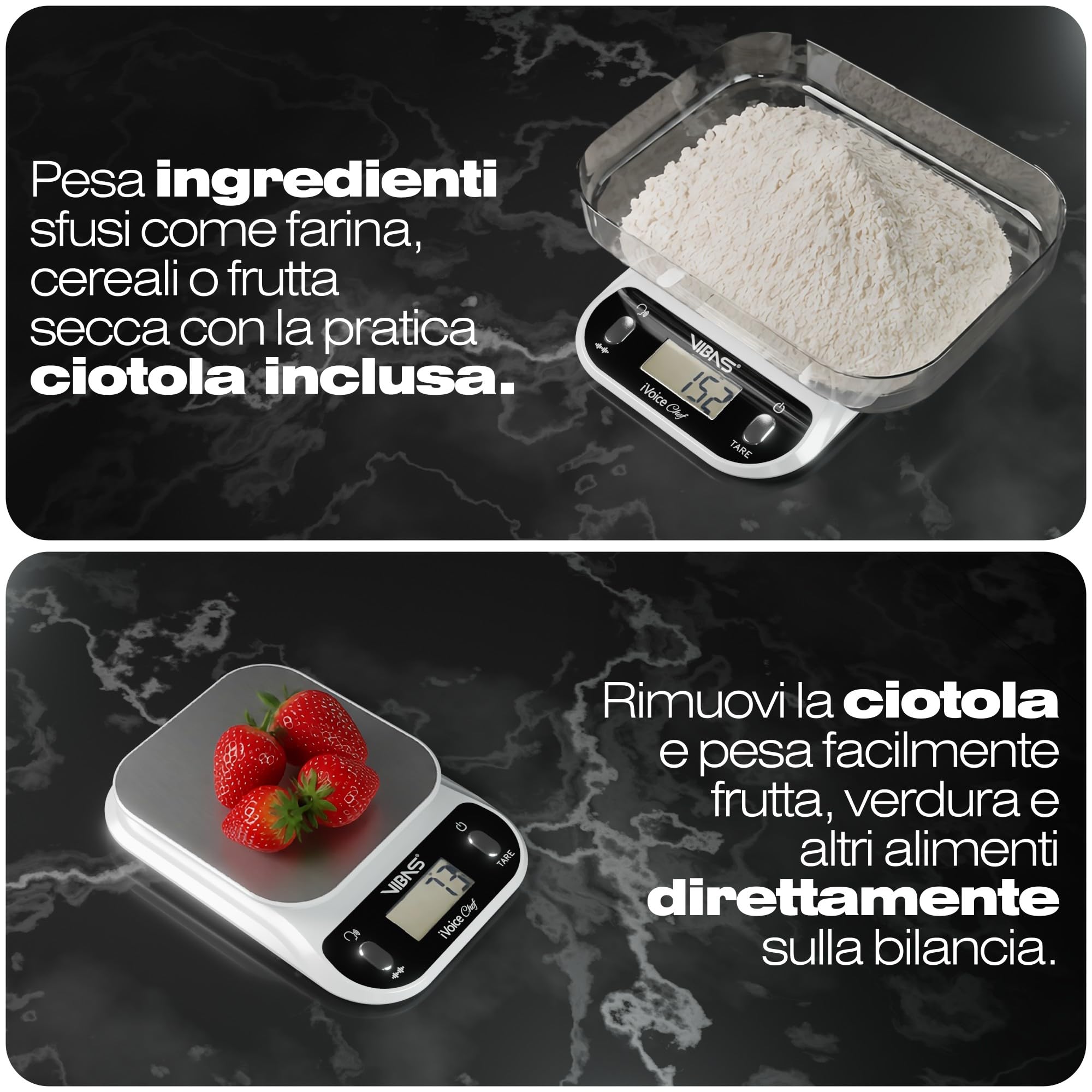 Bilancia da Cucina Parlante VIBAS iVoice Chef con Ciotola, 5 Lingue, Portata 10 kg