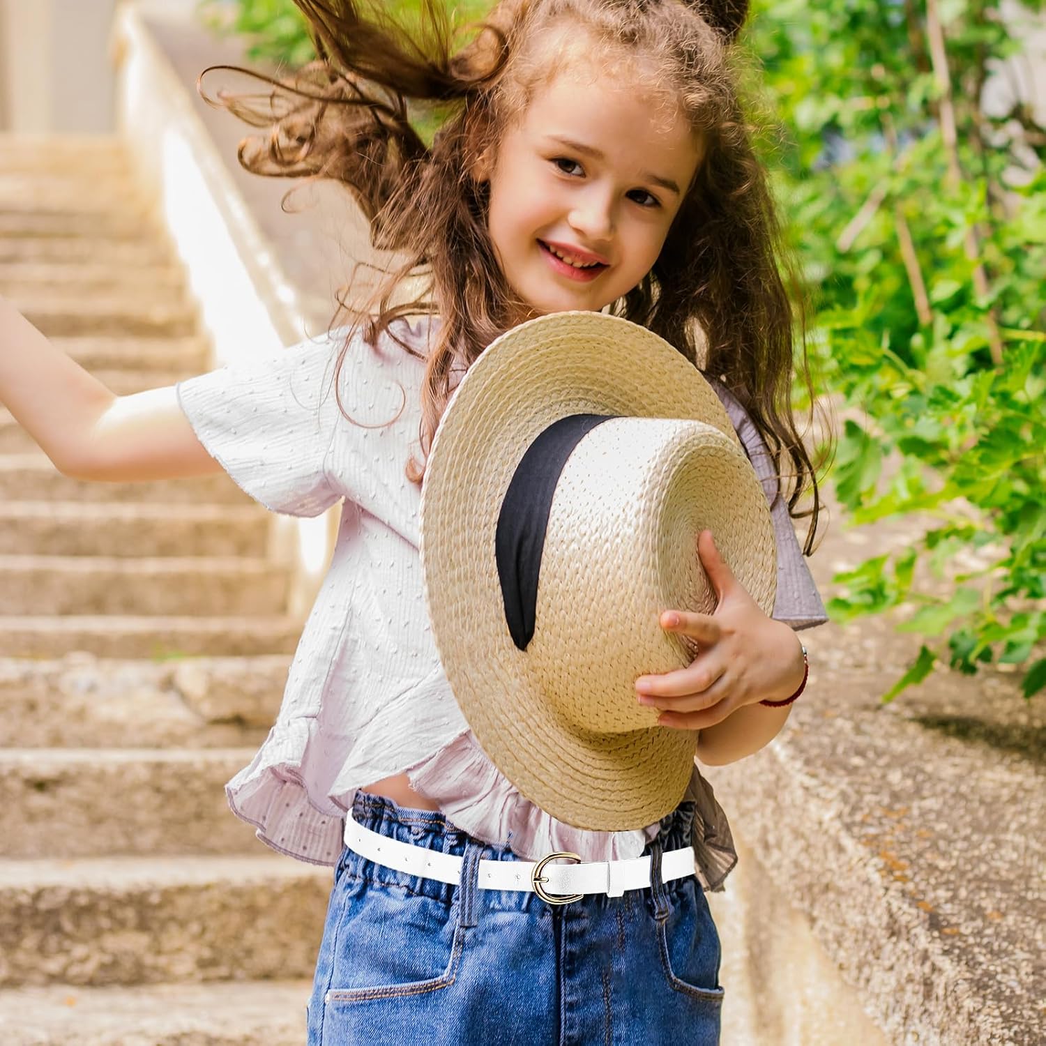 2 PCS Girls Belt 32.3" Elastic Leather Kids Belt, Exquisite Comfortable Skinny Strappy Waist Belt with Double O Ring Buckle (Black/White) - Image 6