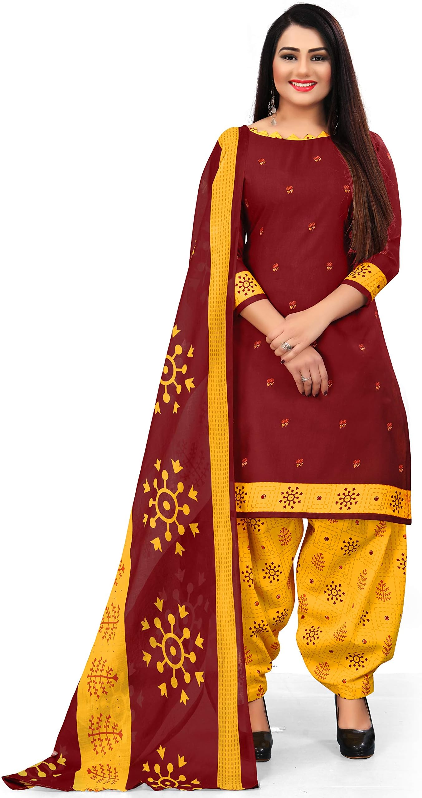 Women's Cotton Printed Unstitched Salwar Suit Material (Maroon), Maroon, One size