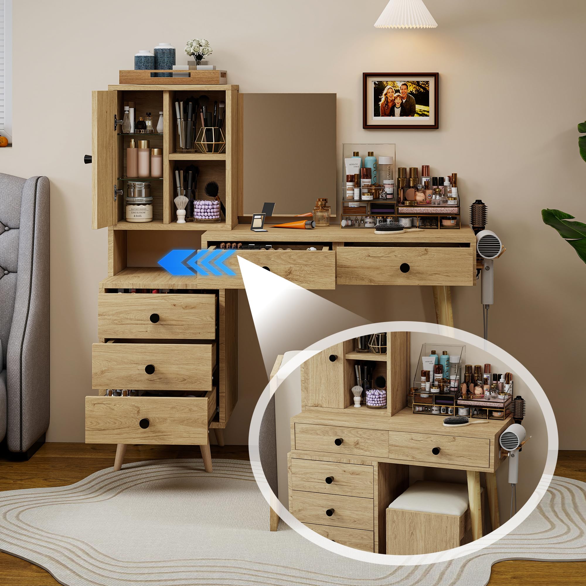 Kleiner Schminktisch mit versenkbarem Spiegel, Hocker und 5 Schubladen