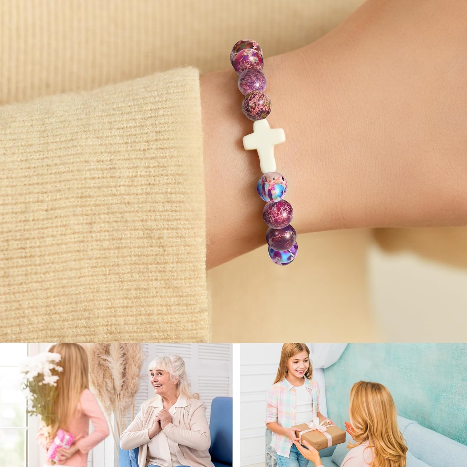 Lamyba Godmother Gift, Godmother Proposal Gift From Goddaughter Godson, Christian Cross Natural Stone Bracelet - Image 4