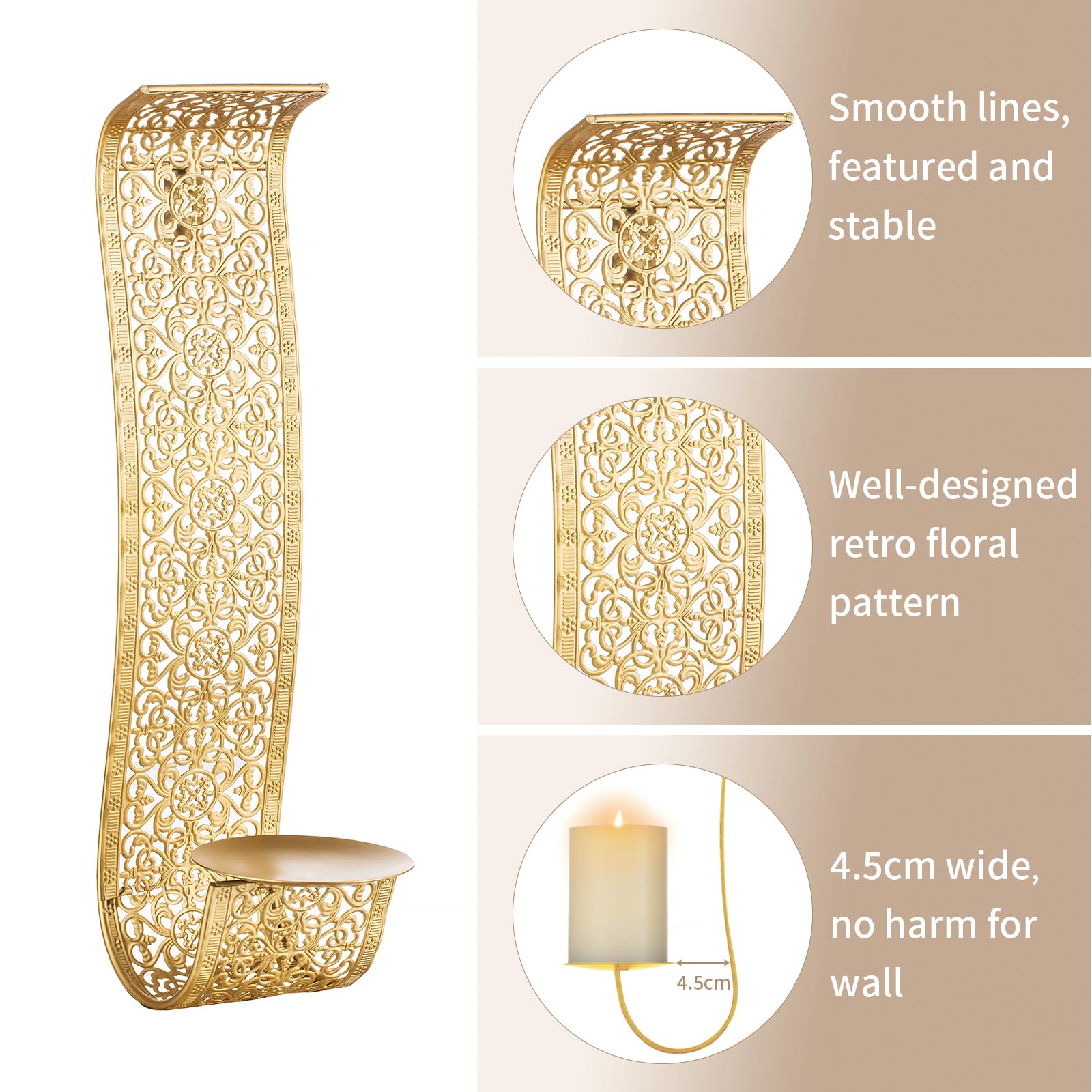 Sziqiqi Candeliere Sospeso a Muro Vintage, Candelabro Creativo di Ferro, Decorazione a Muro per Casa E Giardino Candelabro, Oro