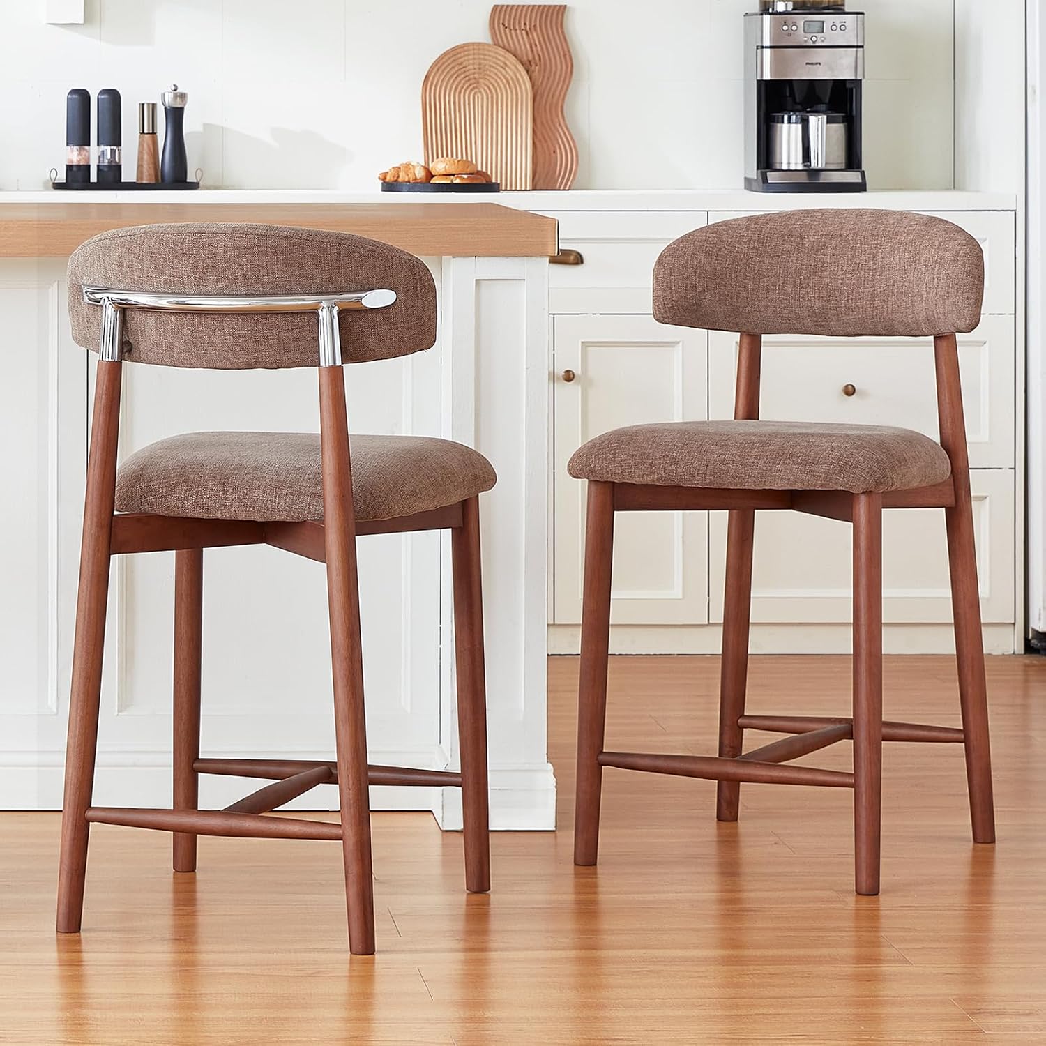 Solid Wood Bar Stools Set of 2,25'' Khaki-Colored Counter Height Bar Stools，Made Solid Wood and Fabric, Ideal for Kitchen Islands and Home Bars