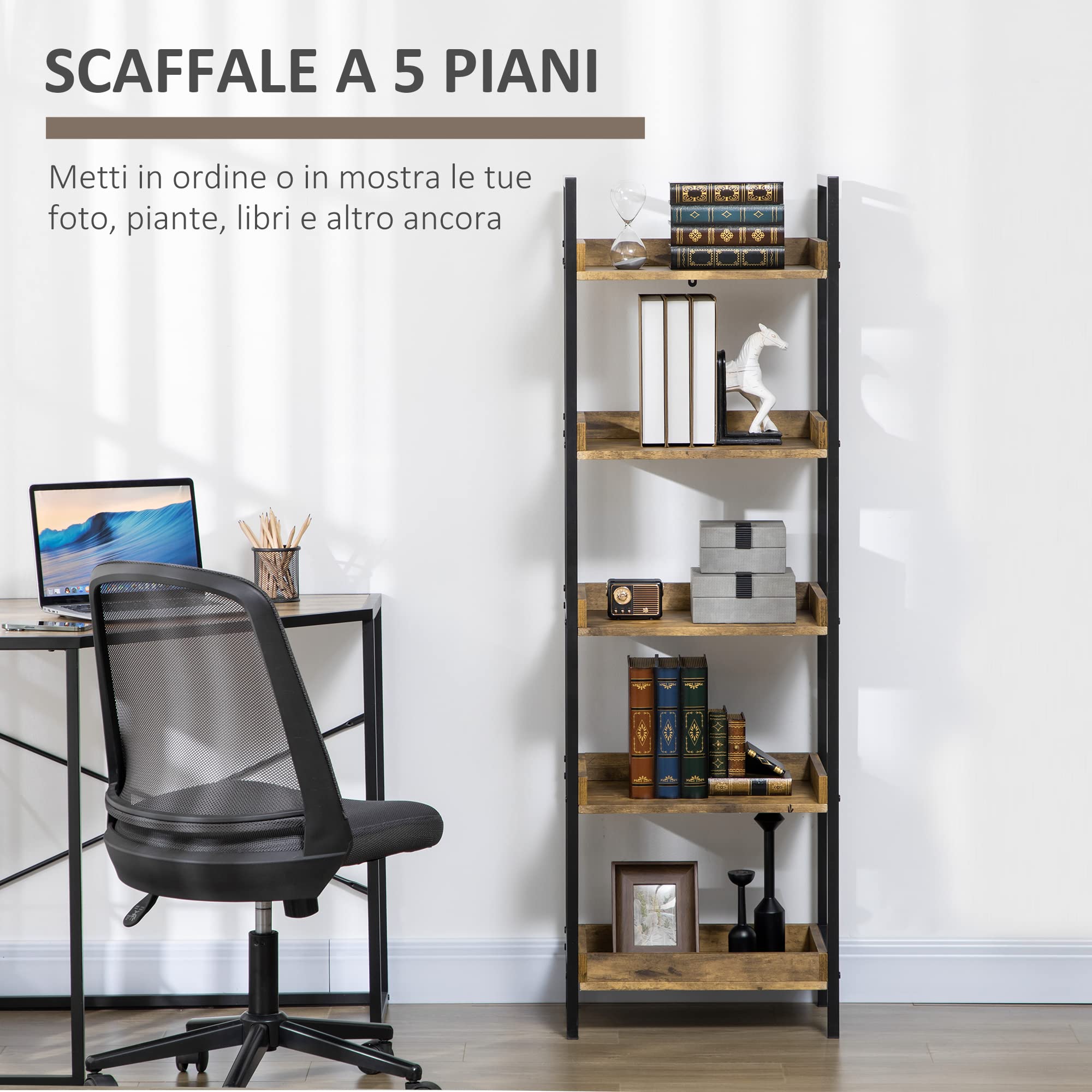 HOMCOM Libreria Stile Industriale a 5 Ripiani, Mobile Libreria in Legno e Metallo per Casa e Ufficio, 48x30x155cm, Marrone Rustico