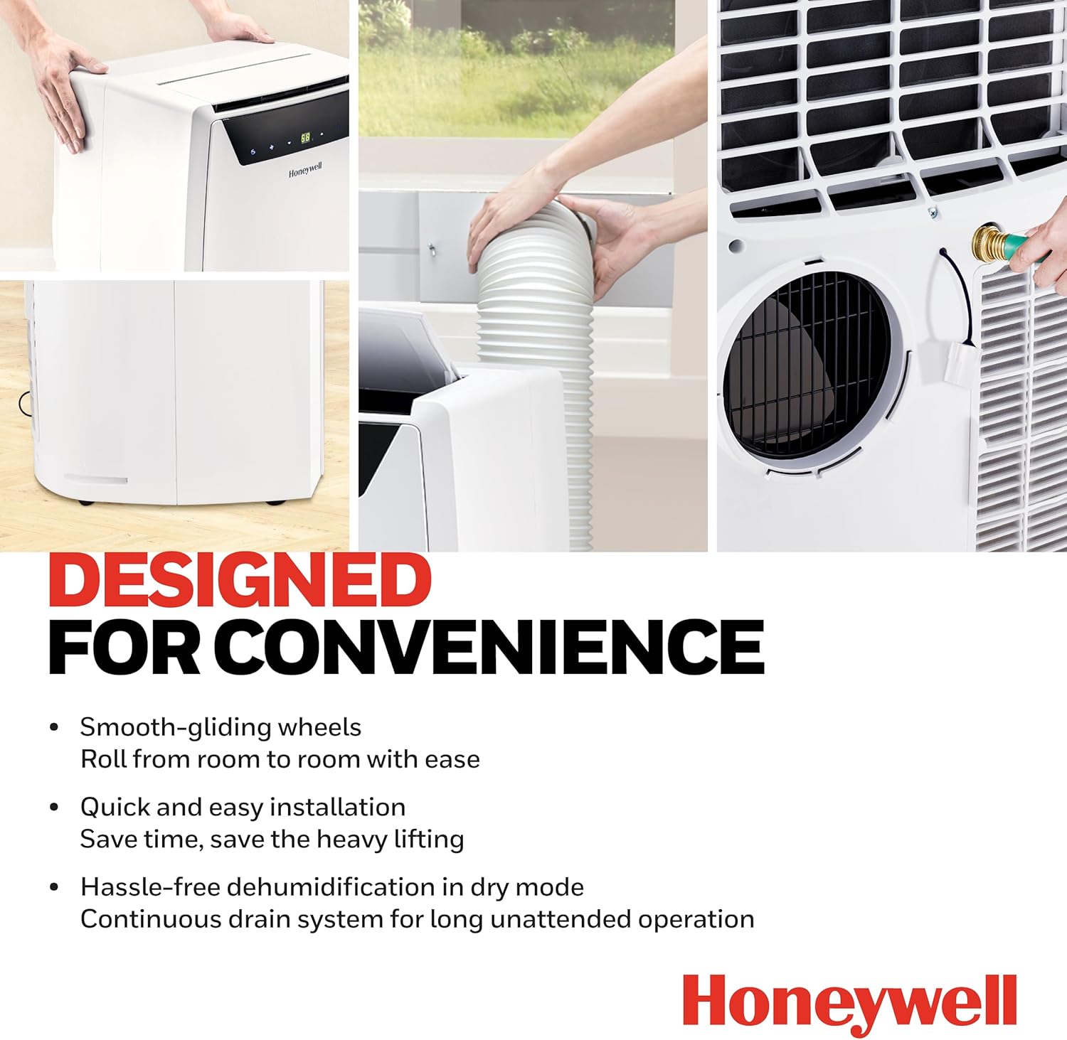 Collage showing portable air conditioner features like smooth-gliding wheels, easy installation, and continuous drain