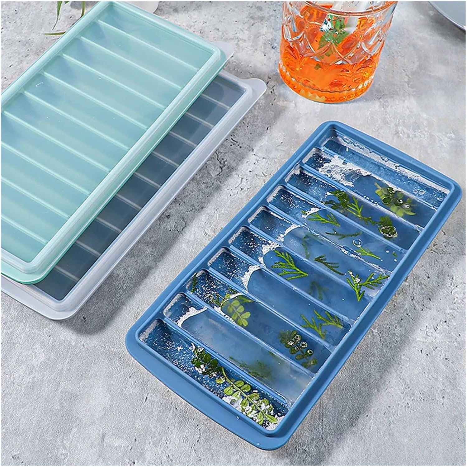 Compatible For 10 Grids Stick Shape Ice Molds Tray With Lid Non-Stick Cylinder Box Silicone Cube Mold Jelly Chocolate Mould(C)