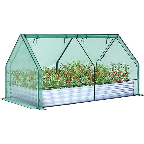 Ohuhu Raised Garden Bed with Greenhouse, 8x4x1 FT Galvanized Metal Planter Box with PE Cover, 4 Doors for Ventilation, 3-in-1 Gardening Set for Vegetable Flower Herb Succulent