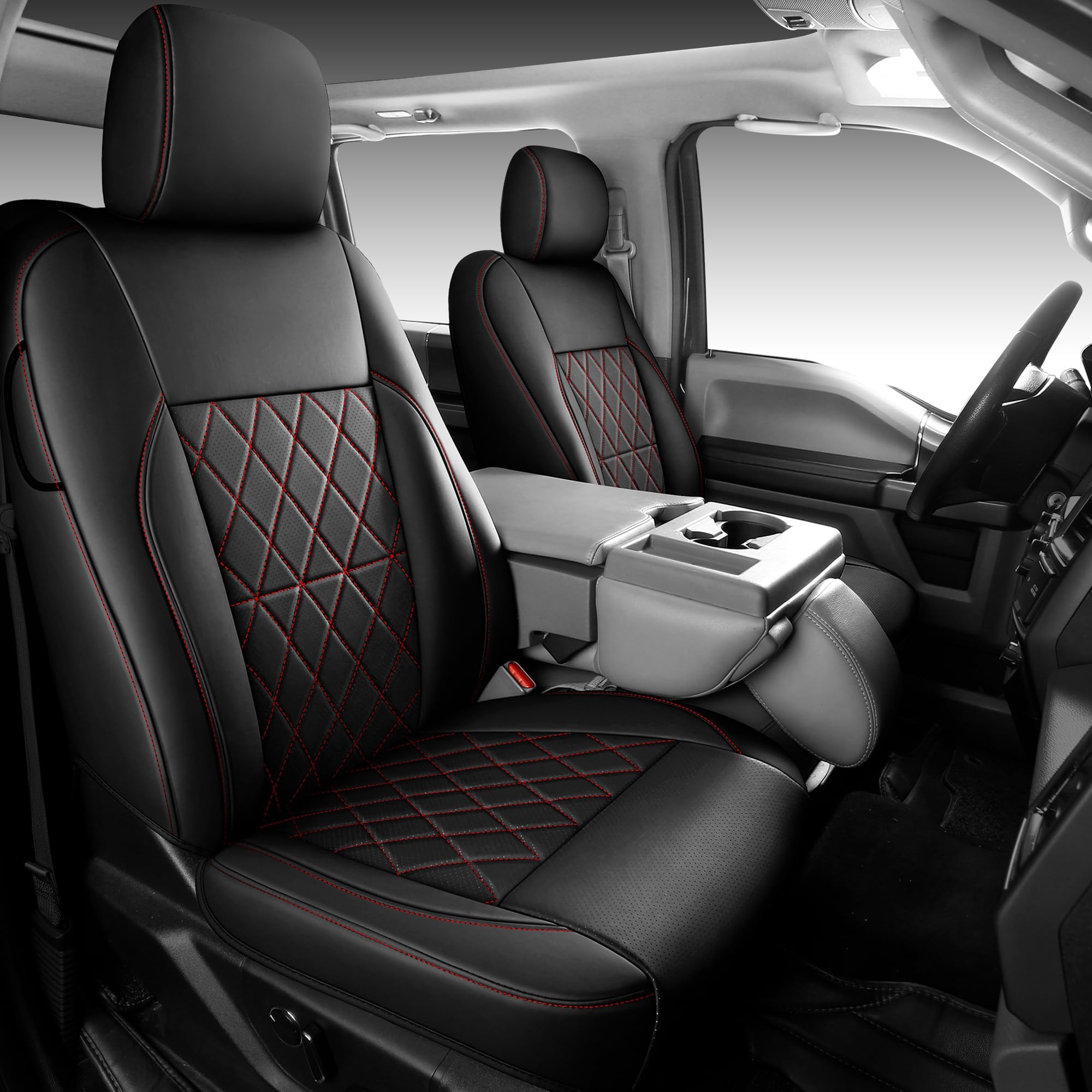 F150 Seat Covers, Napa Leather, Custom fit 2015-2021 F150 SuperCrew and 2017-2022 F250 F350 F450 Super Duty Crew Cab(Full Set, Black&Red)