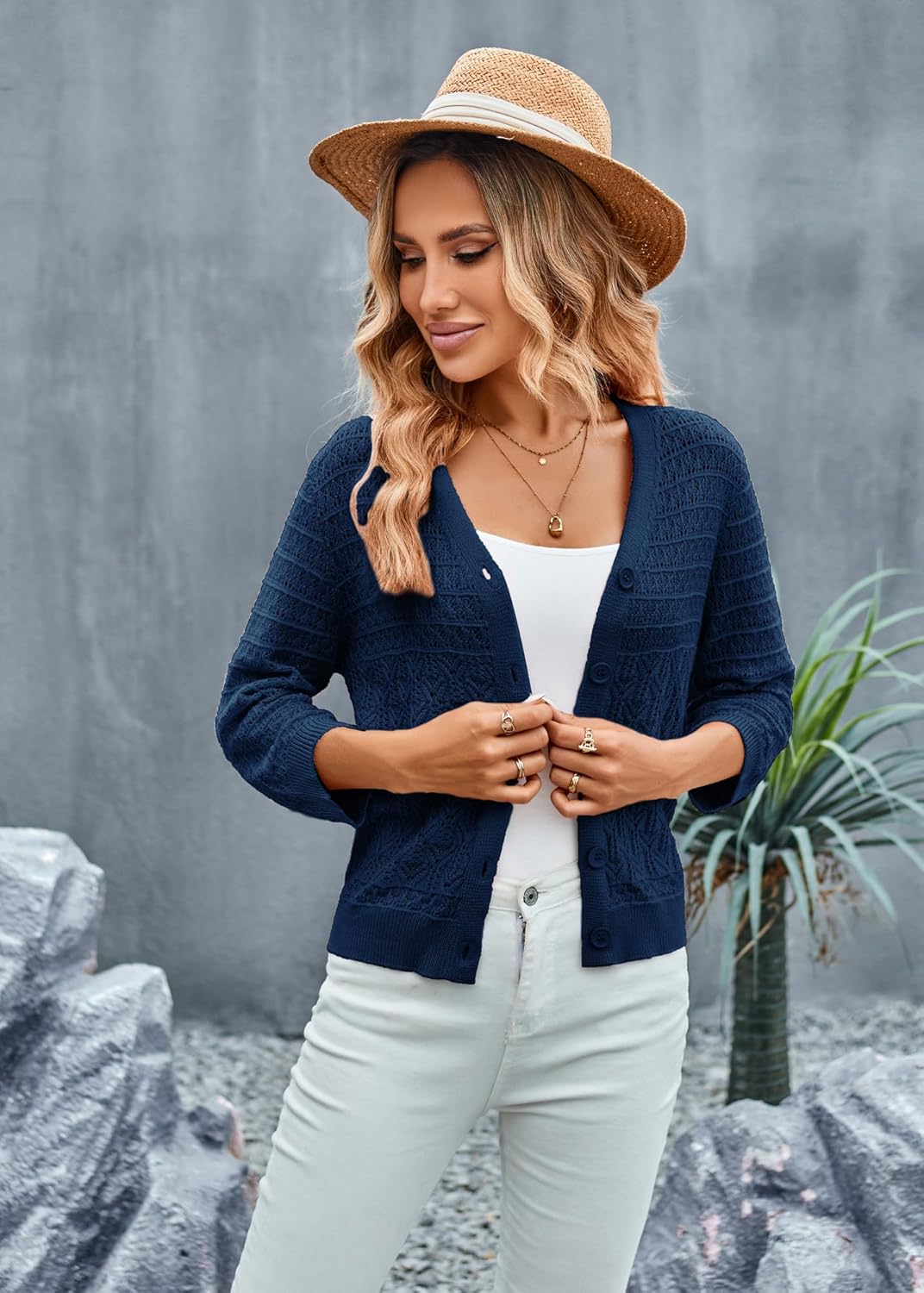 GRACE KARIN Women Lightweigt Crochet Knit Cardigan, 3/4 Sleeve Cropped Shrugs, Spring Button Down Sweaters Tops - Image 2