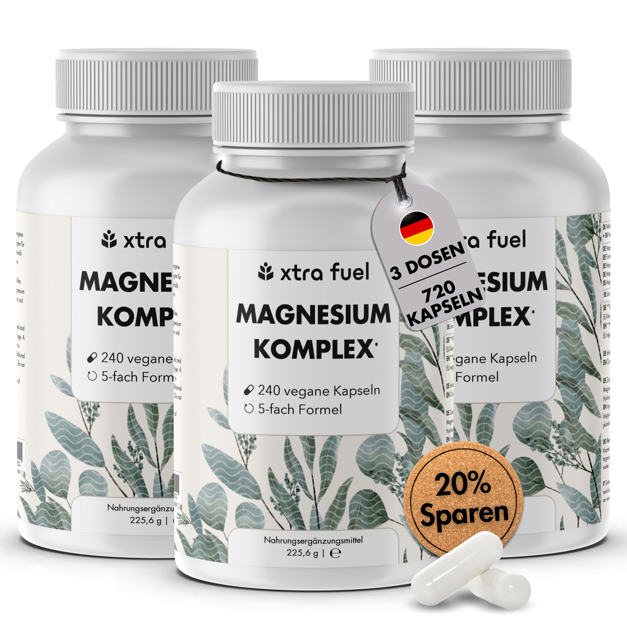 Magnesium Komplex hochdosiert - 720 Kapseln, 400 mg elementares Magnesium, 5-fach Komplex für Muskeln & Nerven aus Oxid, Citrat, Bisglycinat, Malat & Ascorbat – laborgeprüft & vegan