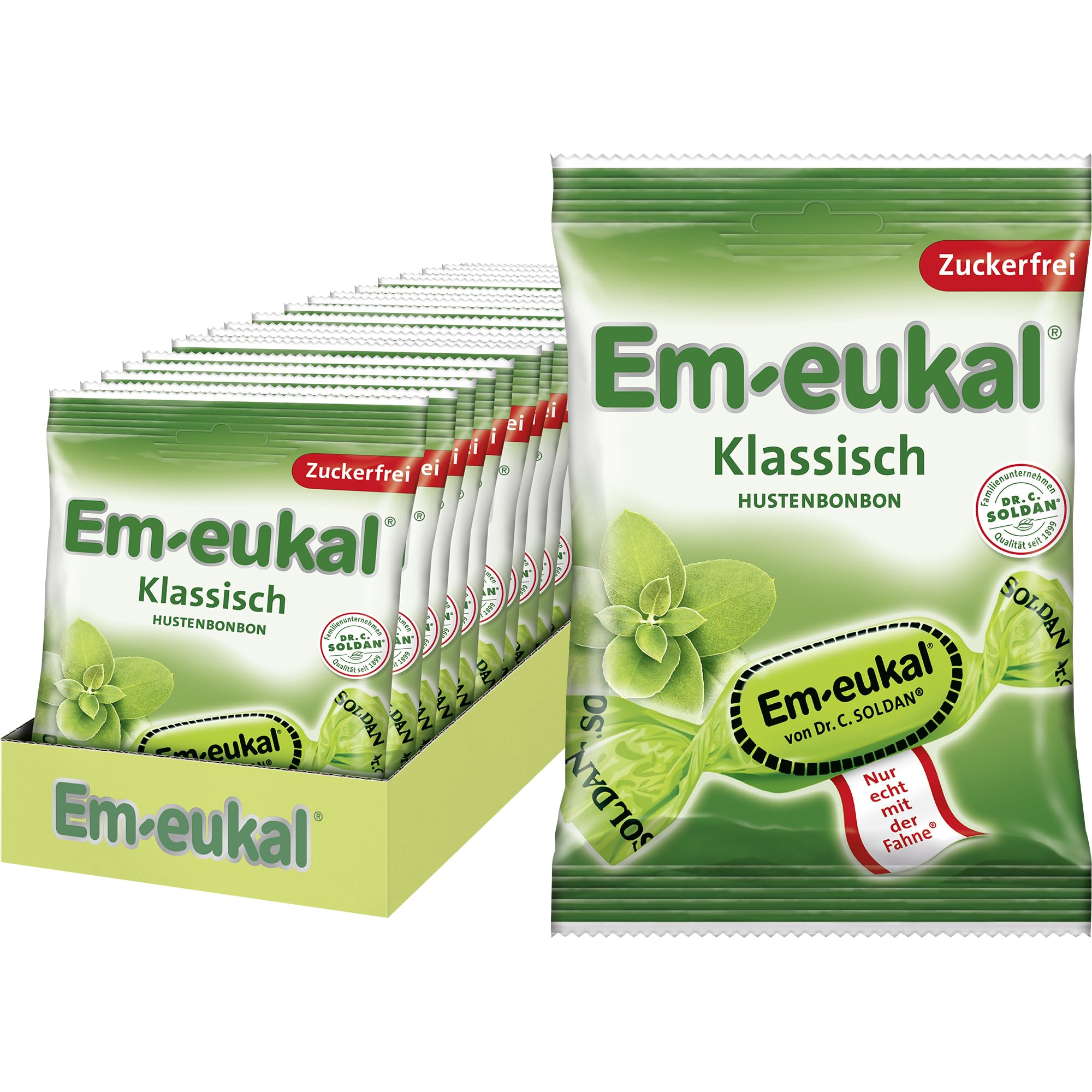 Em-eukal Hustenbonbon Klassisch, Zuckerfrei & laktosefrei, Lutschbonbons mit Eukalyptusöl & Menthol, Ohne Zucker – Großpackung 20x75g
