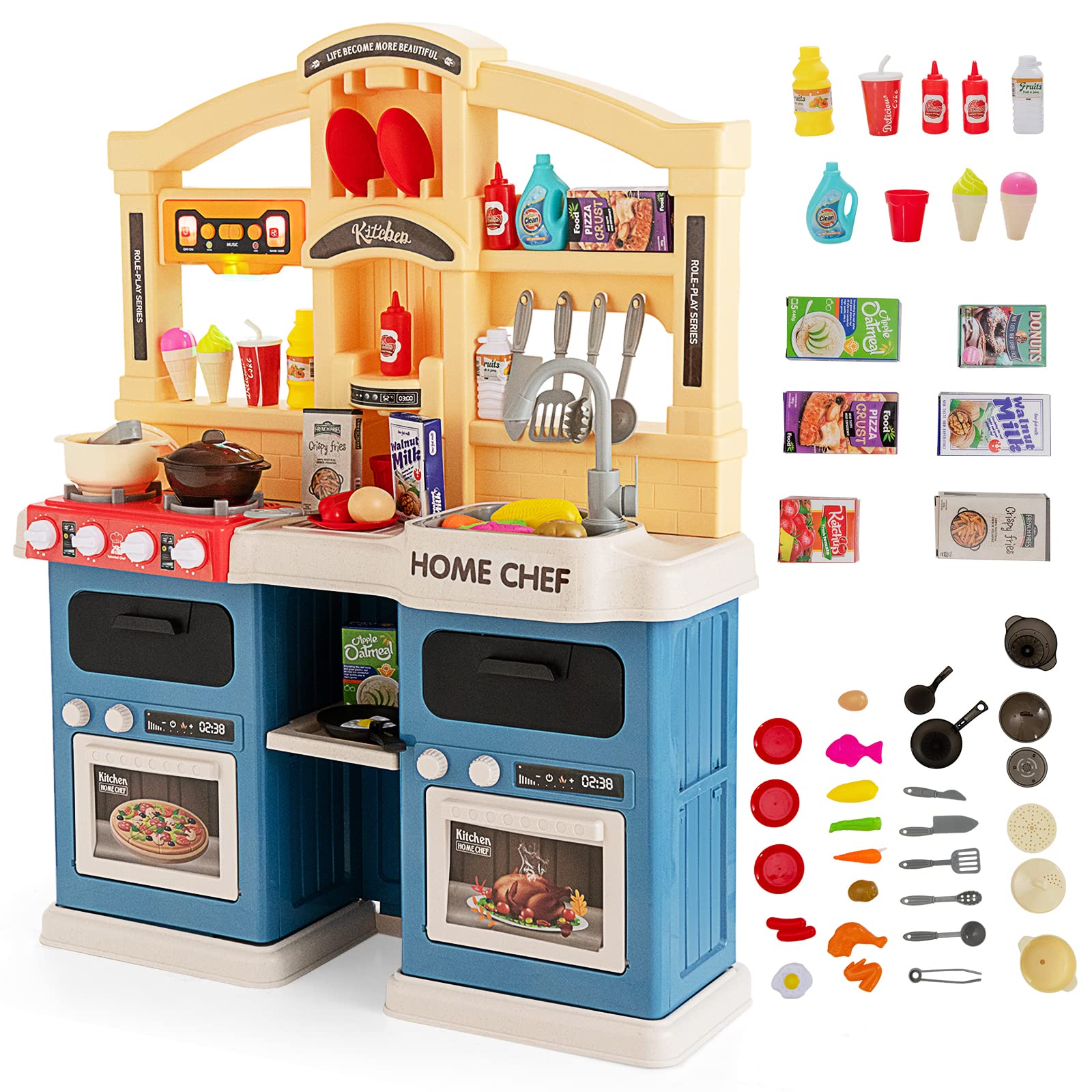 RELAX4LIFE Cucina Giocattolo per Bambini con 42 Accessori, Gioco di Cucina con Effetti Sonori e Luminosi, Funzioni vapore e Ebollizione, Gioco Cucina Realistica per Bambini 2 3 4 5 6 Anni (Blu)