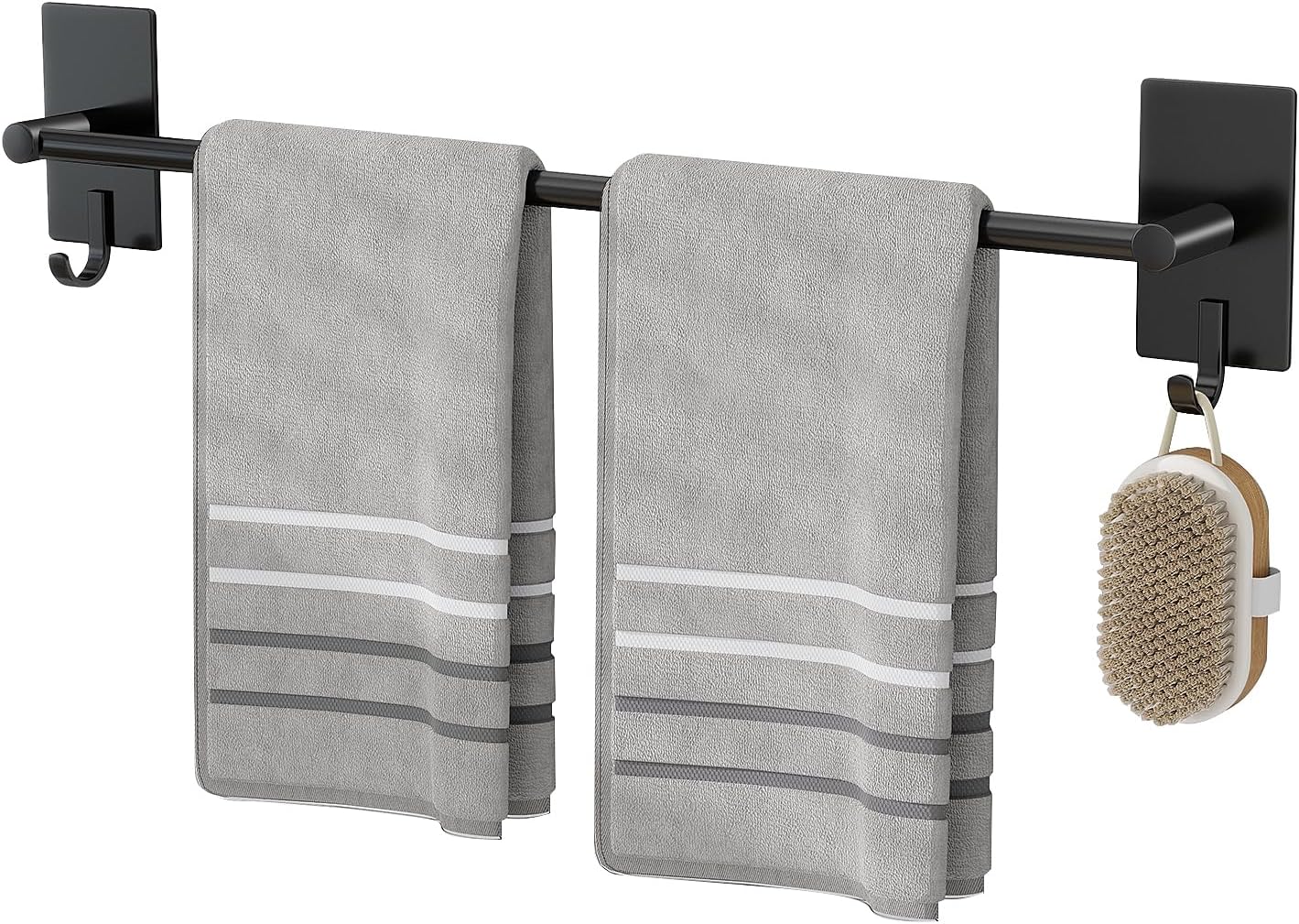 JS Towel Rail Wall Mounted Self Adhesive Towel Holders forBathrooms Stainless Steel Matte Black Towel Bar With 2 Hooks Modern Towel Rack