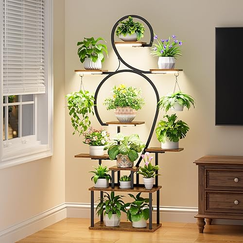POZILAN Soporte para plantas de interior con luz de crecimiento, estante de plantas de interior de 9 niveles de 63 pulgadas de alto para múltiples