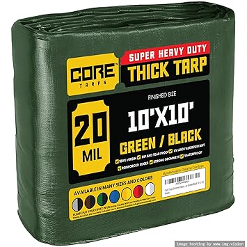 Core Tarps Extreme Heavy Duty 20 Mil Tarp Cover, Waterproof, UV Resistant, Rip and Tear Proof, Poly Tarpaulin with Reinforced Edges for Roof, Camping, Patio, Pool, Boat (Green/Black 10 ? X 10 ?)