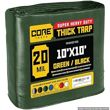 Core Tarps Extreme Heavy Duty 20 Mil Tarp Cover, Waterproof, UV Resistant, Rip and Tear Proof, Poly Tarpaulin with Reinforced Edges for Roof, Camping, Patio, Pool, Boat (Green/Black 10  X 10 )